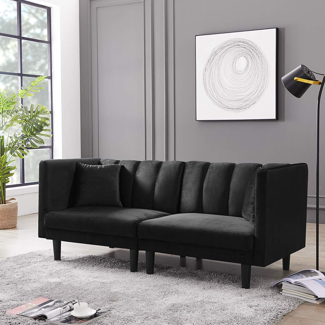 SLEERWAY Velvet Futon Sofa Bed with 2 Pillows - 3-Position Adjustable Modern Sleeper Sofa - Convertible Small Loveseat for Living Room, Apartment, Dorm - Soft Black Velvet Fabric - Perfect for Guest Bed, Lounge & Small Spaces