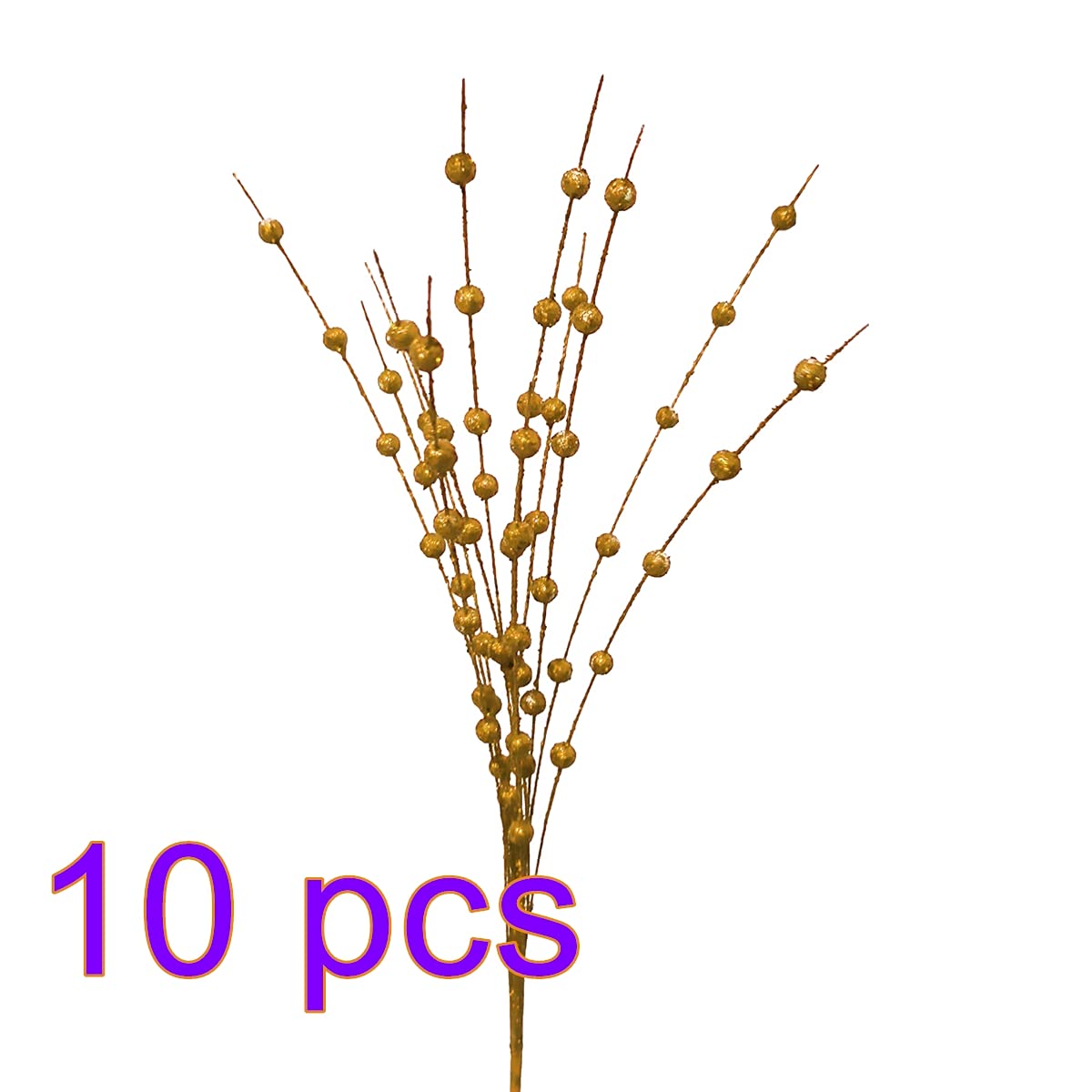 10 Pack Gold Glitter Artificial Berry Stems - 15.7 Inch Christmas Tree Picks for DIY Wreaths, Fireplace & Holiday Decor - Festive Home Decoration for Xmas, Parties & Gift Giving