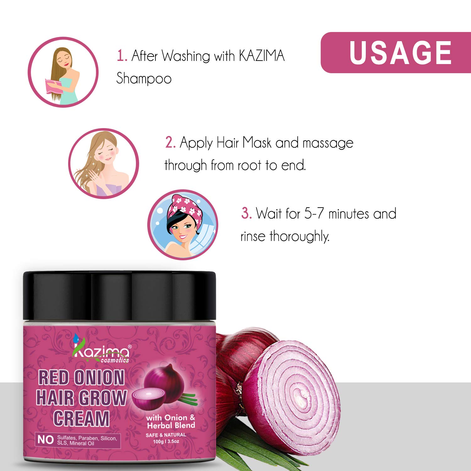 KAZIMA Red Onion Hair Growth Cream with Onion Oil & Herbal Blend - 100g for Thicker, Stronger Hair | Promotes Hair Regrowth & Scalp Health | Perfect for Men & Women with Hair Loss or Thinning Hair