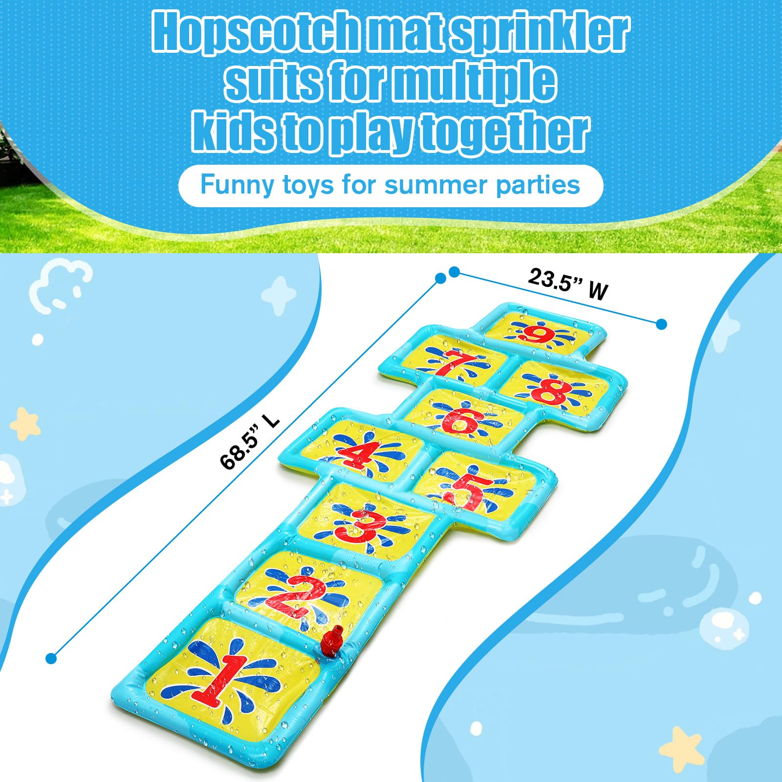 Hopscotch Splash Pad Mat - 68.5x23.5 Inch Water Play Mat for Outdoor Summer Fun