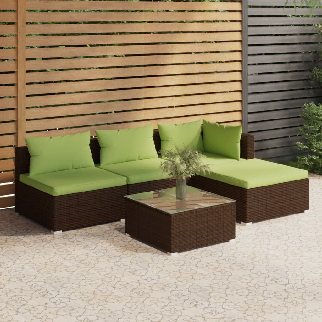 5-Piece Brown Poly Rattan Patio Lounge Set with Cushions - Outdoor Garden Sectional Sofa for Backyard, Poolside & Terrace Relaxation