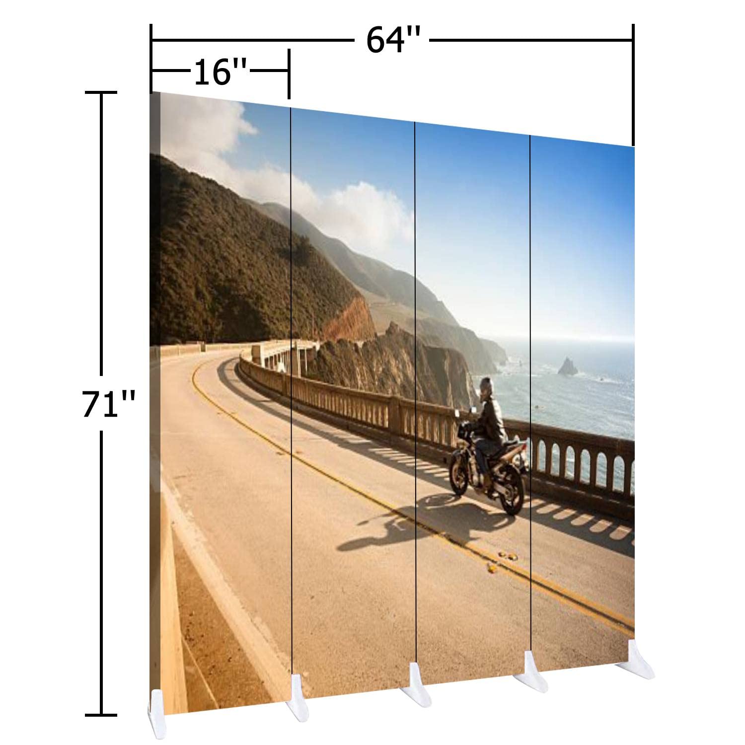 Wooden Room Divider - 4-Panel Folding Privacy Screen with Canvas Design, Dual-Sided Wall Partition for Home & Office | Perfect for Motorcycle Display, California-Themed Decor & Indoor Space Division