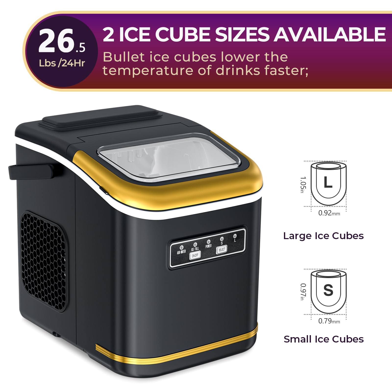 R.W.FLAME Portable Countertop Ice Maker Machine - 9 Bullet Ice Cubes in 6 Minutes, 26.5lbs/24Hrs, Self-Cleaning with Ice Basket & Scoop - Perfect for Home, Office, Kitchen, Bar, Party & Outdoor Use - Black