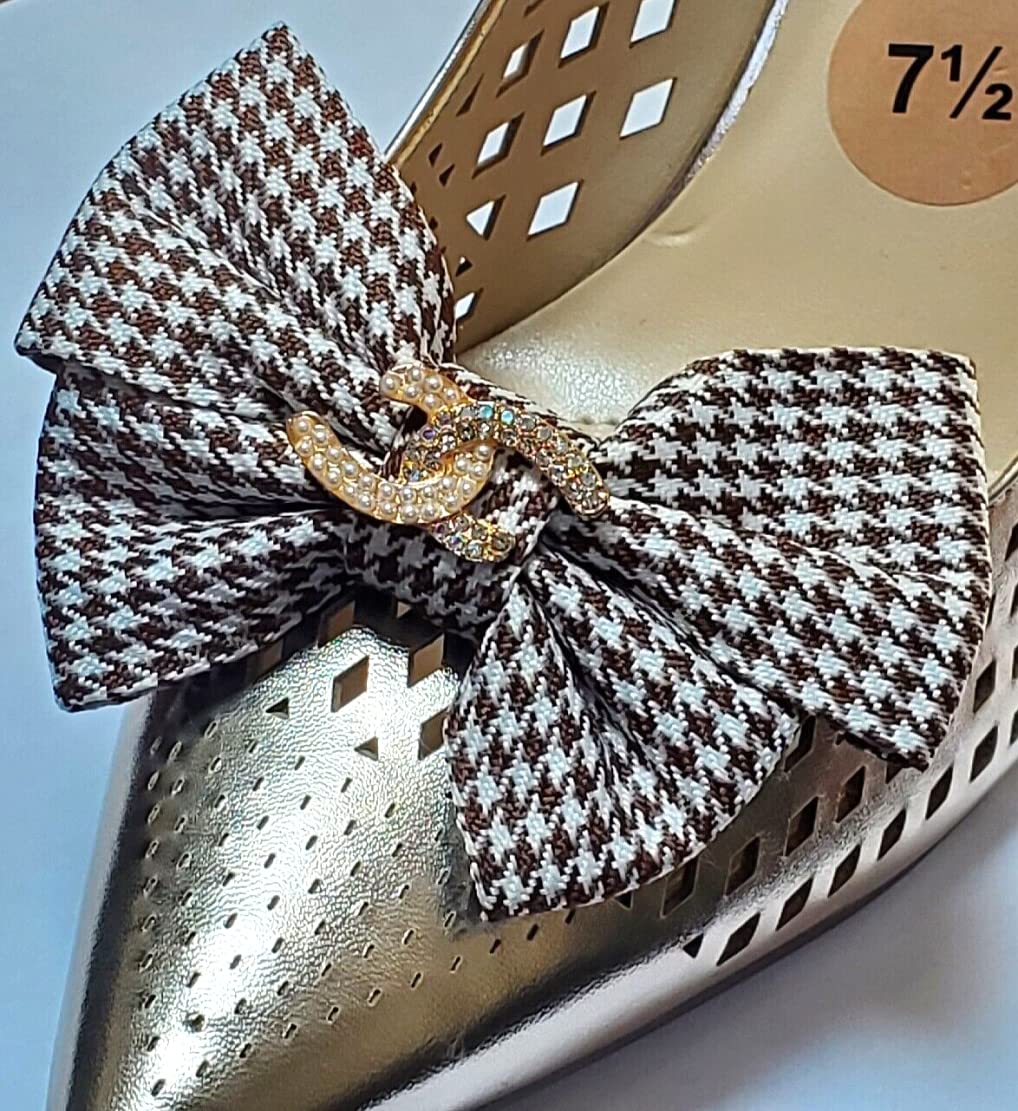 Elegant Brown & White Houndstooth Bow Shoe Clips with Metal Charm - Perfect for Weddings, Parties & Fashion Accessories