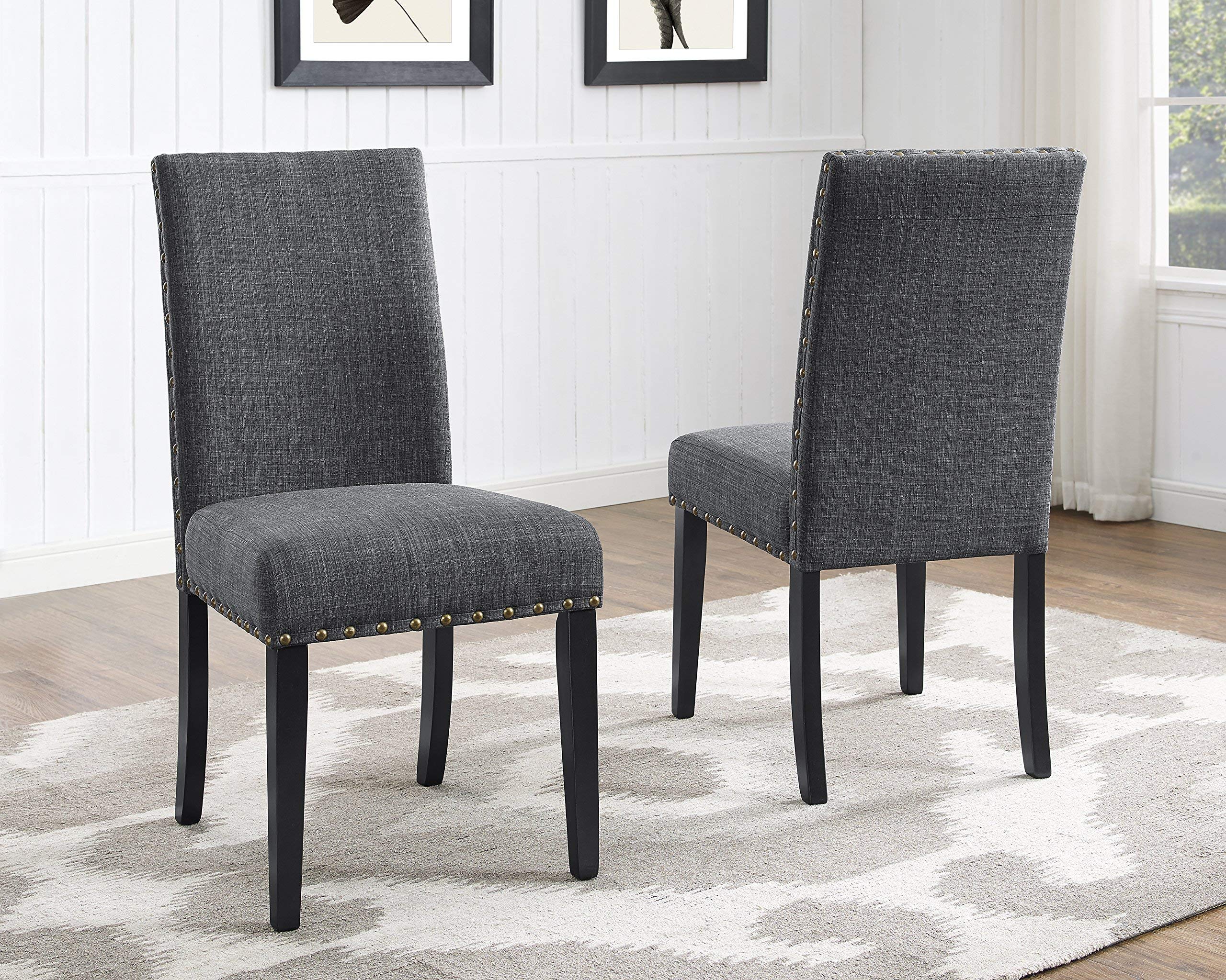 Roundhill Furniture Biony Gray Fabric Dining Chairs with Nailhead Trim - Set of 2 Modern Upholstered Side Chairs for Kitchen, Dining Room, and Breakfast Nook - Comfortable Seating with Stylish Accent Design