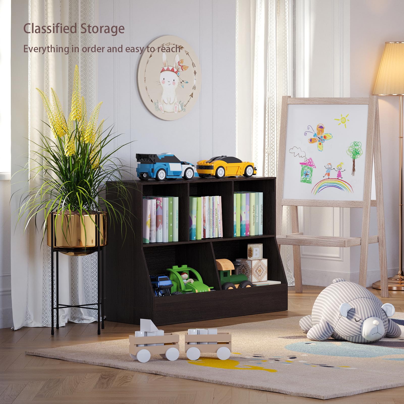 DINZI LVJ 5-Cubby Wooden Toy Storage Organizer & Kids Bookshelf - Espresso Finish, 39.4