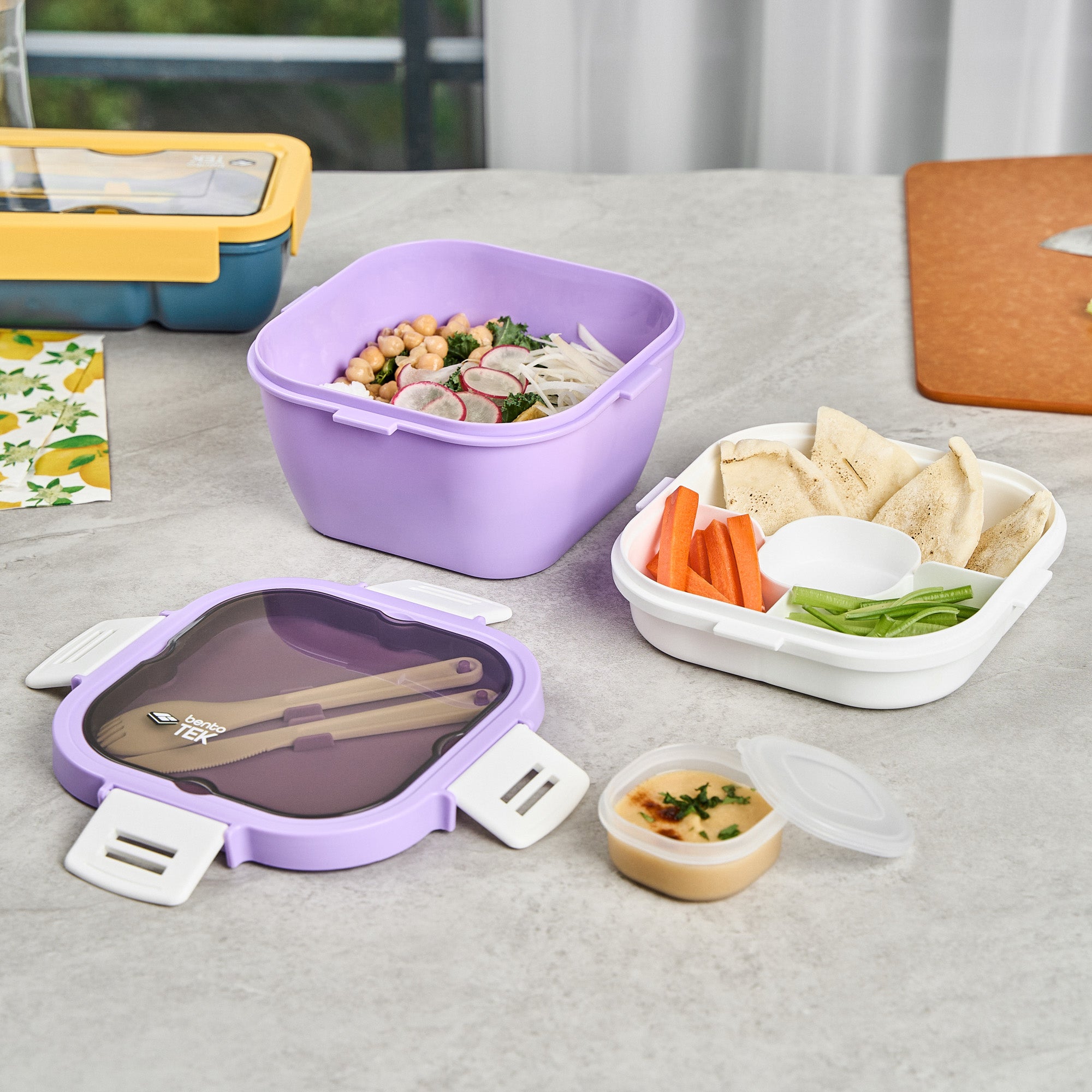 Bento Tek 58 oz Purple and White BPA Free Lunch Box with Fork & Knife - Microwave Safe, Reusable Food Container (7.25