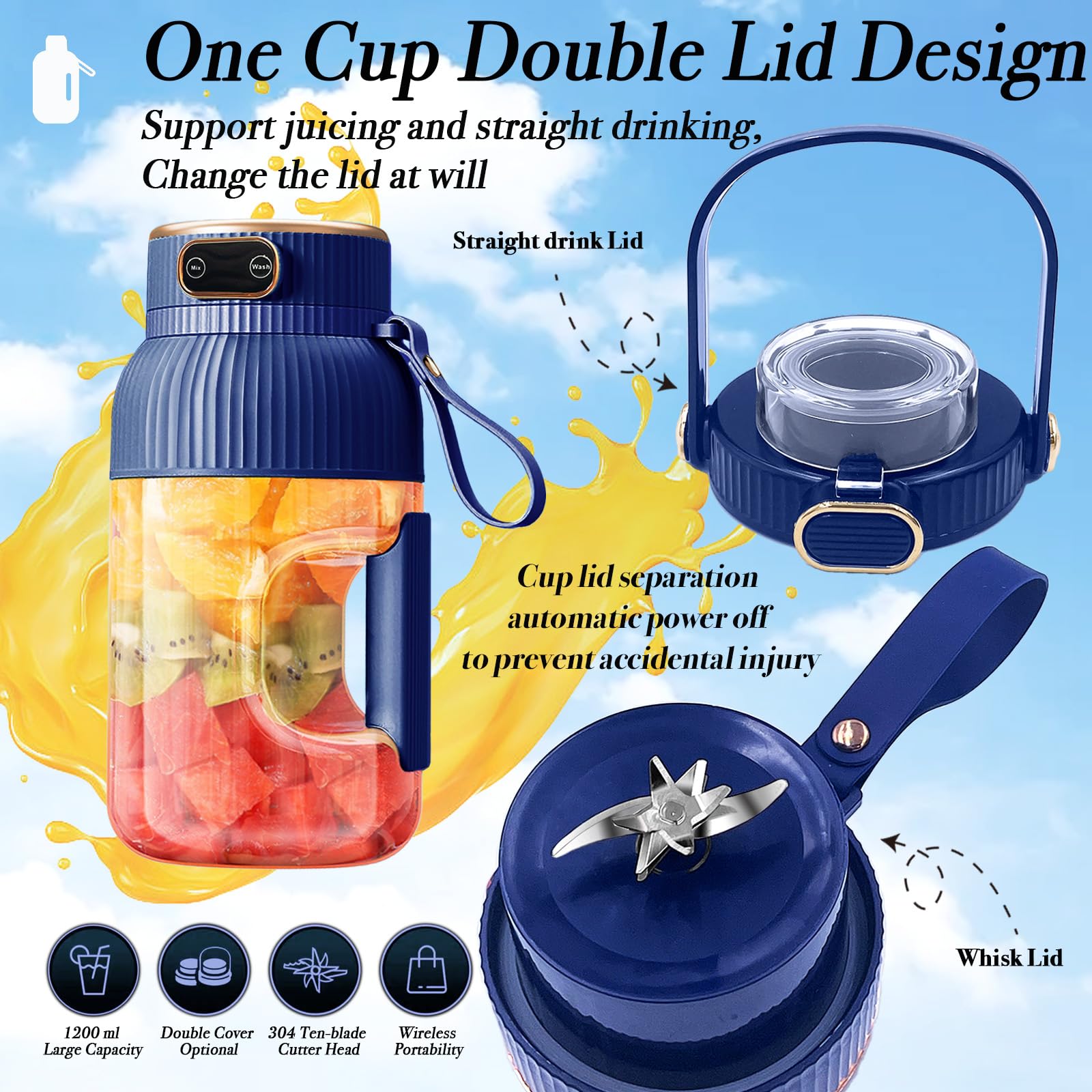USB Rechargeable Portable Juicer Blender with Digital Display - 40.6oz Multifunctional Personal Juicer Cup, Double Lids (Blue) - Perfect for Smoothies, Protein Shakes & Fresh Juices at Home, Gym or Travel