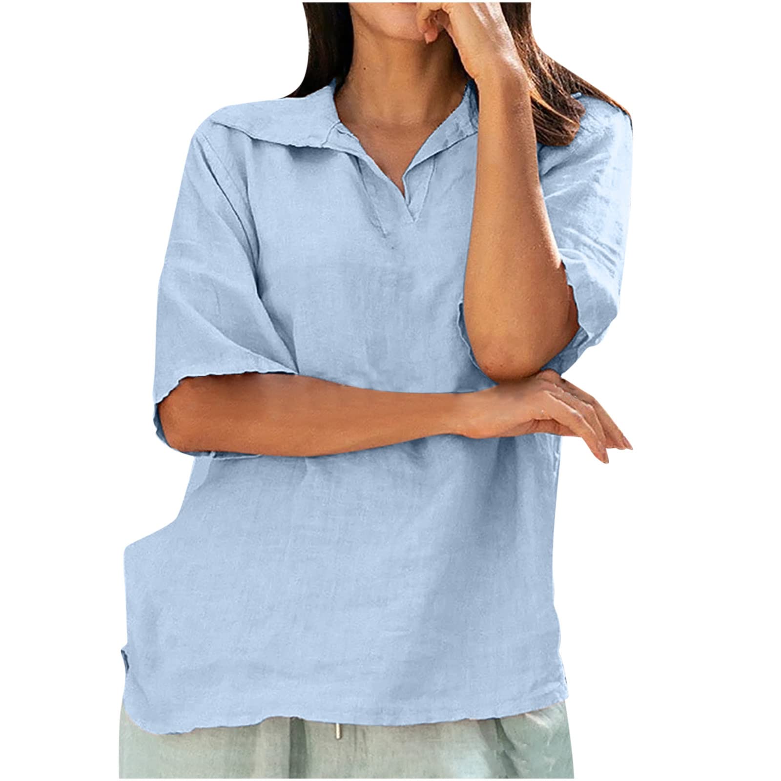 Women's Linen Shirt - 2023 Summer Casual Short Sleeve V-Neck Collared T-Shirt | Breathable Loose Fit Blouse for Work, Travel & Weekend Outings