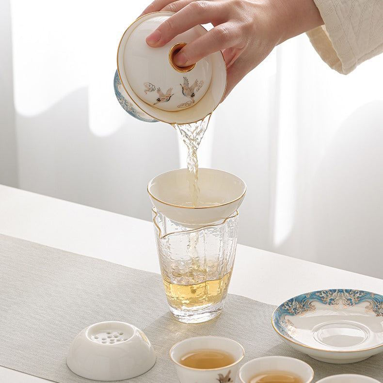 Premium Ceramic Sulet Jade Red-Crowned Crane Tea Set - Elegant Chinese Tea Ceremony Gift for Home & Office Use