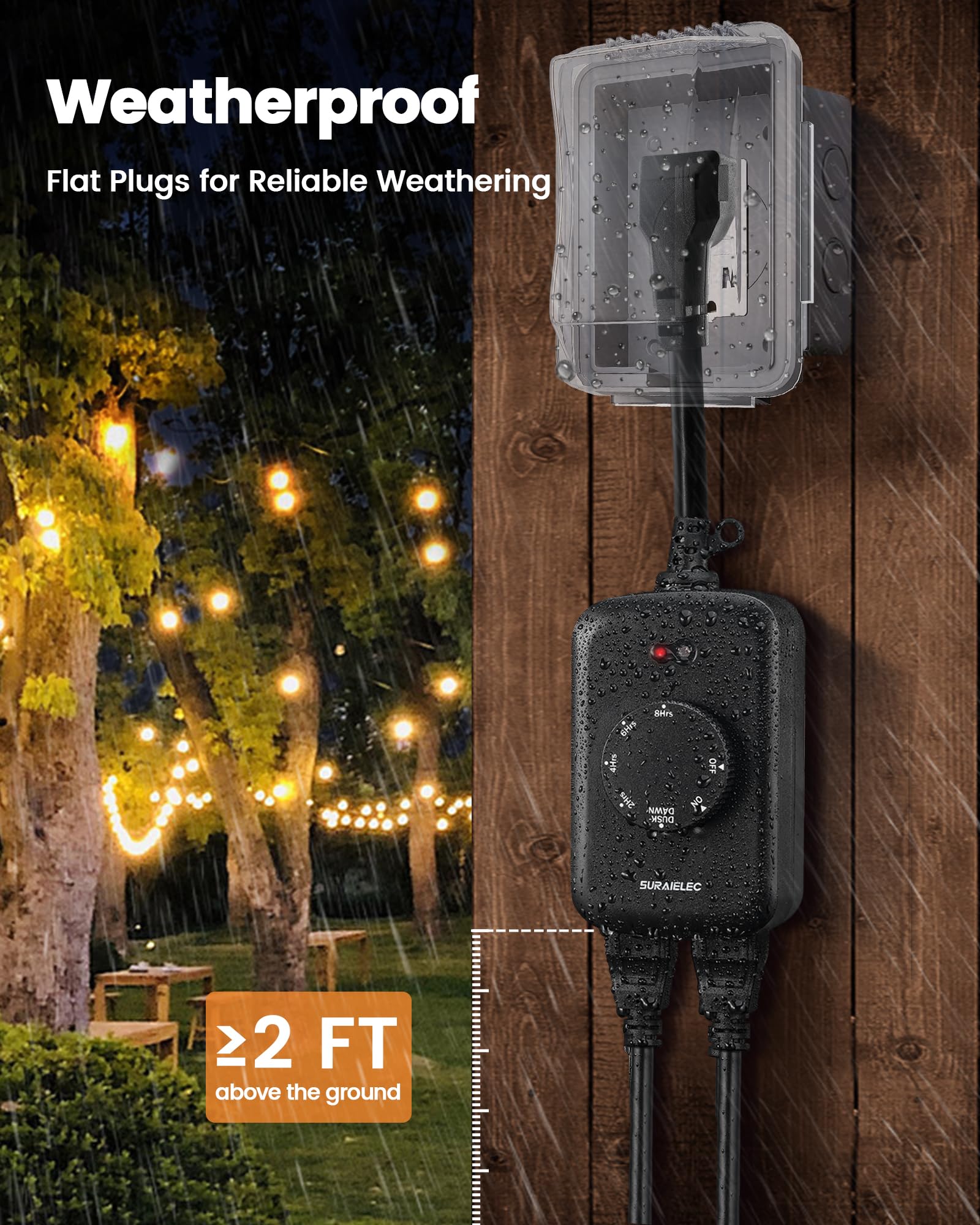 SURAIELEC Outdoor Light Timer with 2 Electrical Outlets - 8/6/4/2 Hour Countdown, Weatherproof & Photocell Sensor, 15A, ETL Certified (2 Pack) - Perfect for Garden, Patio, Holiday & Landscape Lighting