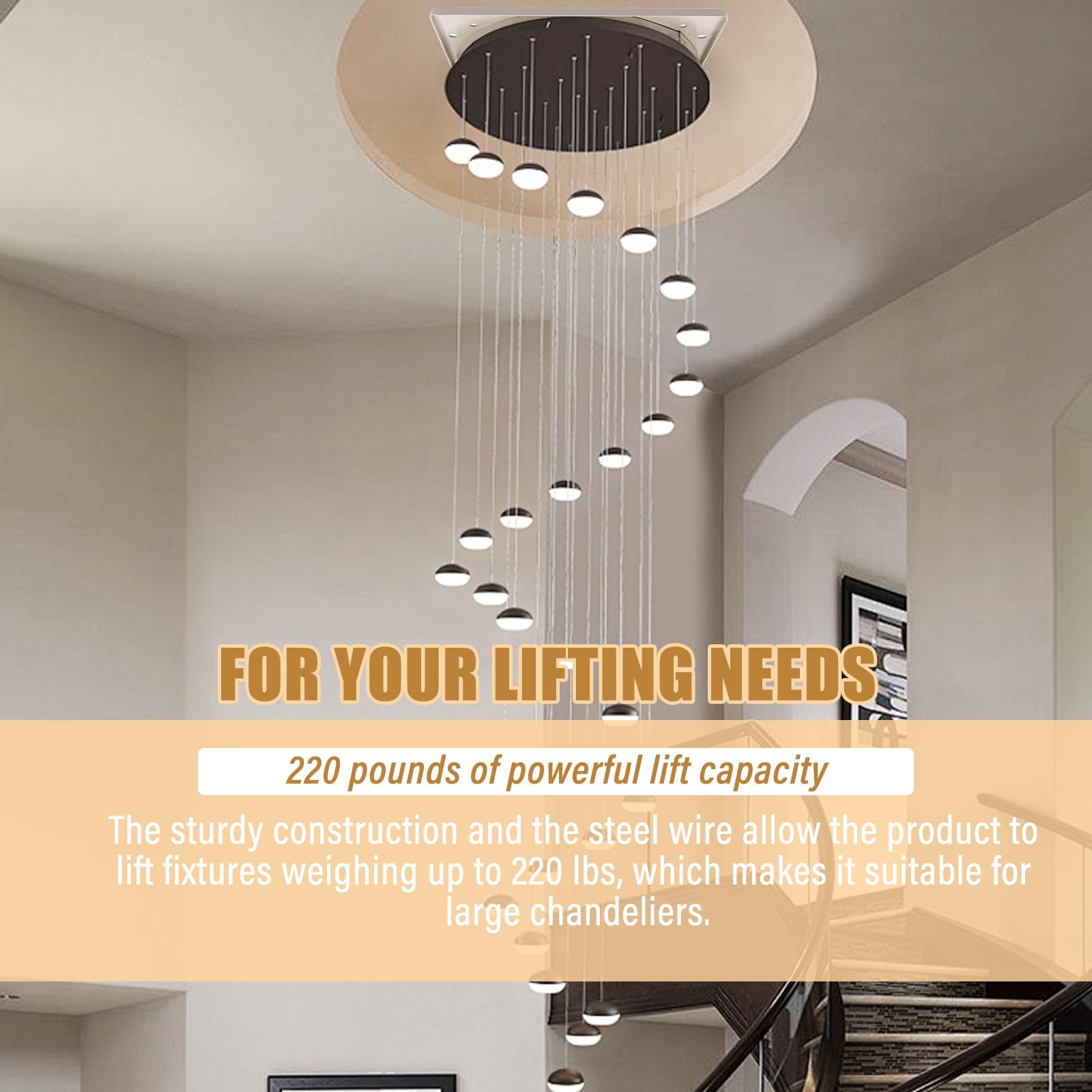 220LBS 13.12FT Motorized Chandelier Hoist Lift System - Heavy Duty Electric Ceiling Light Lifter with Wall Switch & Remote Control - Perfect for High Ceiling Homes, Villas, and Event Venues