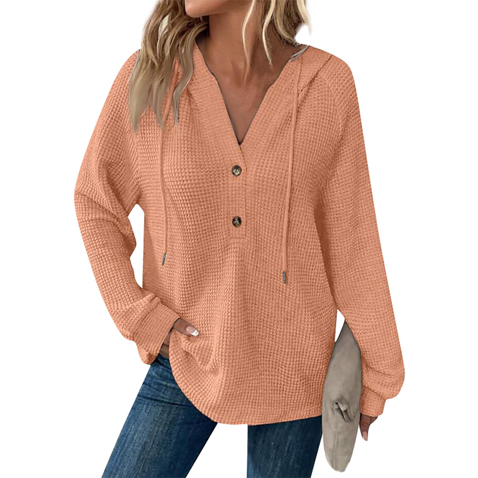 Women's Loose Fit Waffle Knit Hooded Sweatshirt - Long Sleeve Drawstring Casual Top (Solid Colors) | Perfect for Fall Layering, Weekend Outfits & Cozy Loungewear