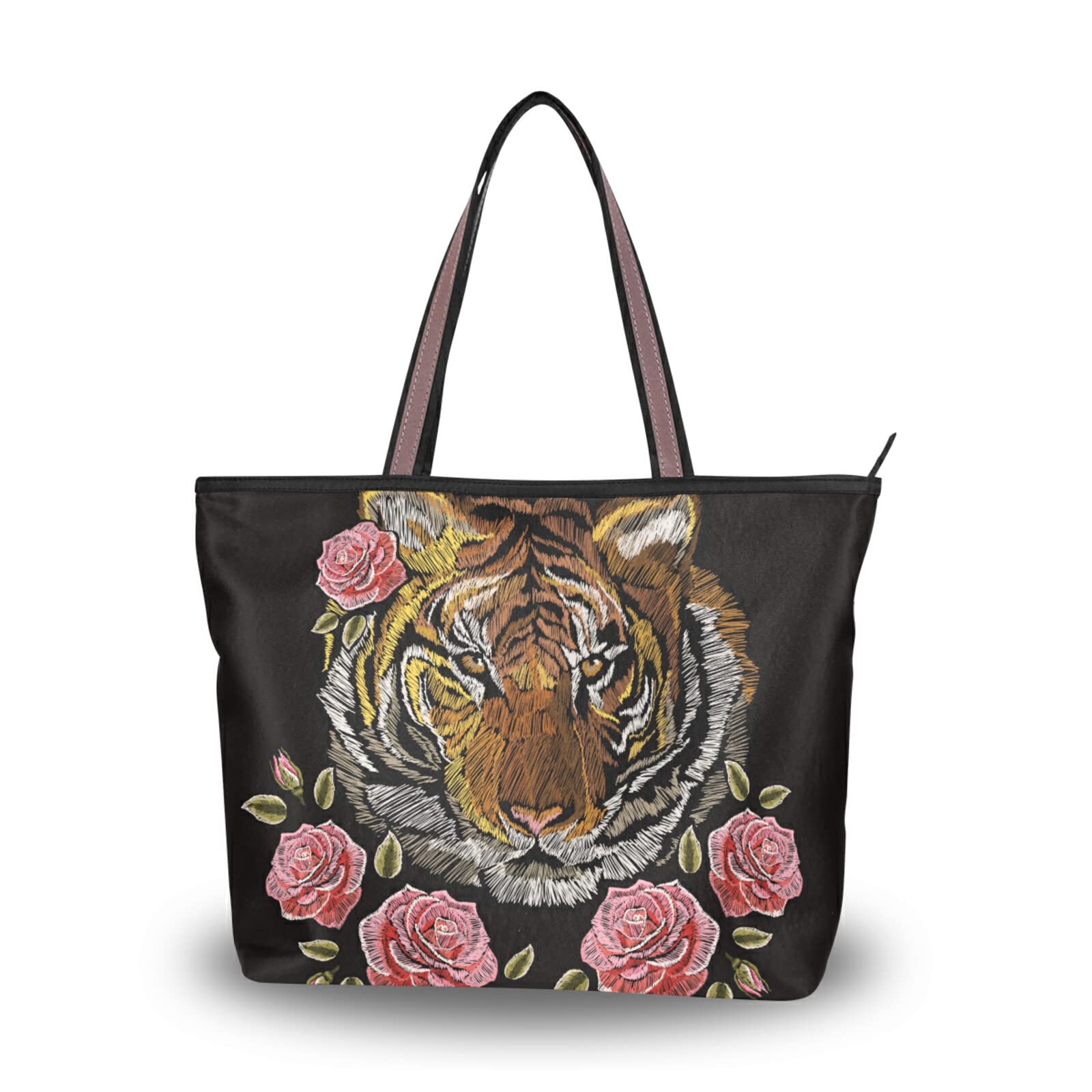 Stylish Tiger & Floral Print Tote Bag for Women - Large Capacity Zipper Grocery Bag with 2 Size Options | Perfect for Shopping, Beach Trips & Daily Use
