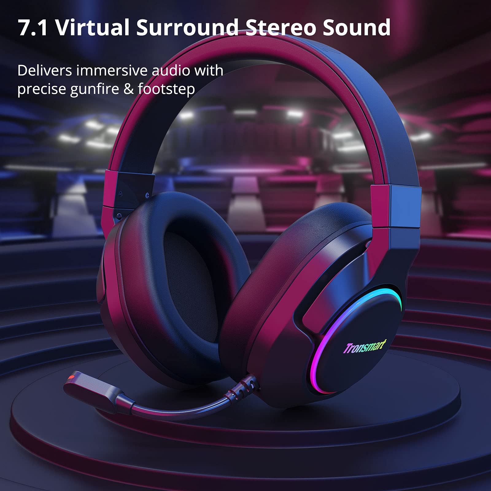 Tronsmart Sparkle RGB Gaming Headset with Microphone, 7.1 Virtual Surround Sound, 50mm Drivers, Noise Cancelling - Compatible with PS4/PS5/Switch/Mac/PC - Perfect for Gaming, Streaming & Online Meetings