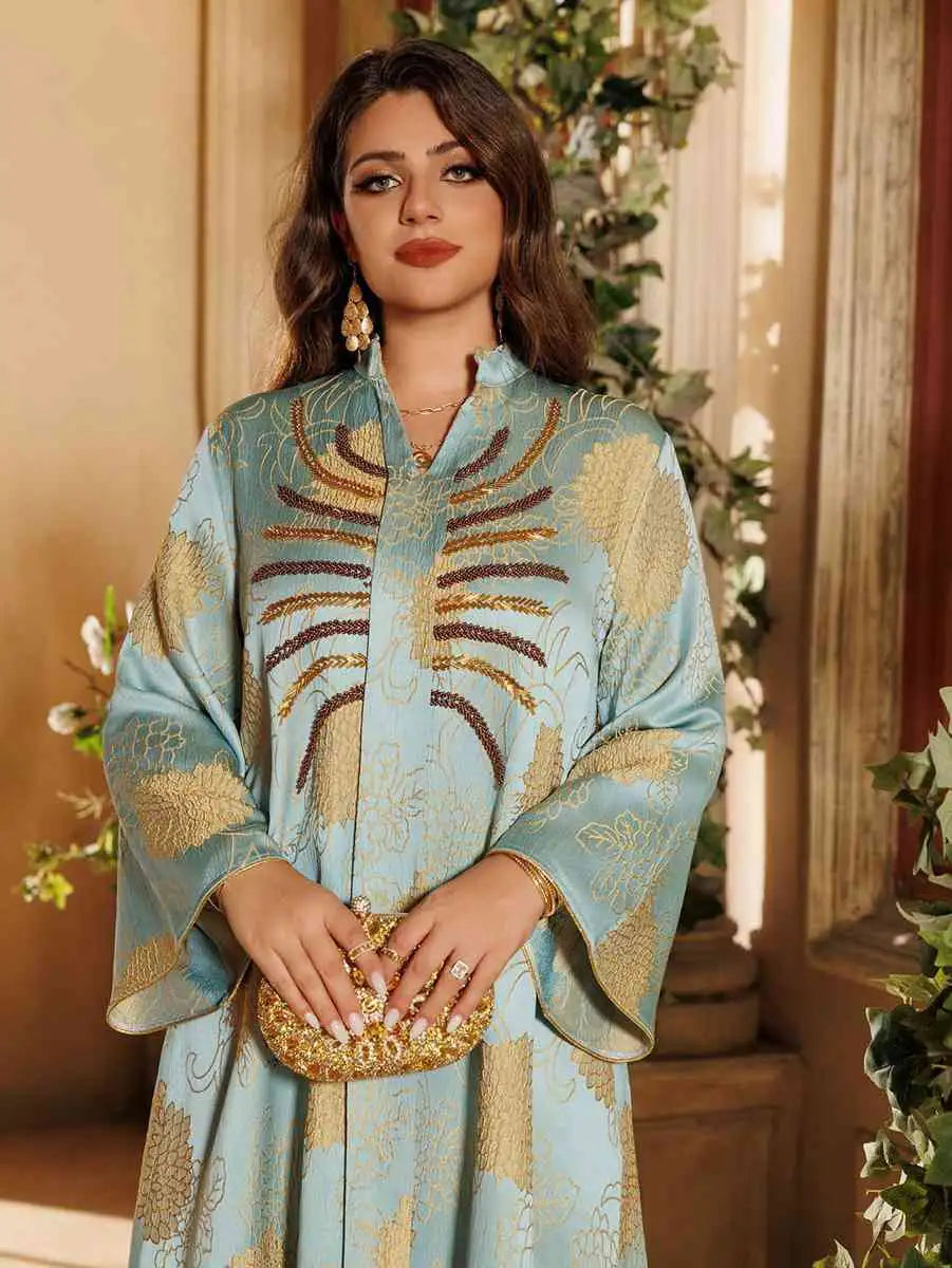 Elegant Jacquard Beaded Caftan Dress for Women - Boho Maxi Kaftan with Intricate Embroidery - Perfect for Eid Celebrations, Weddings & Special Occasions