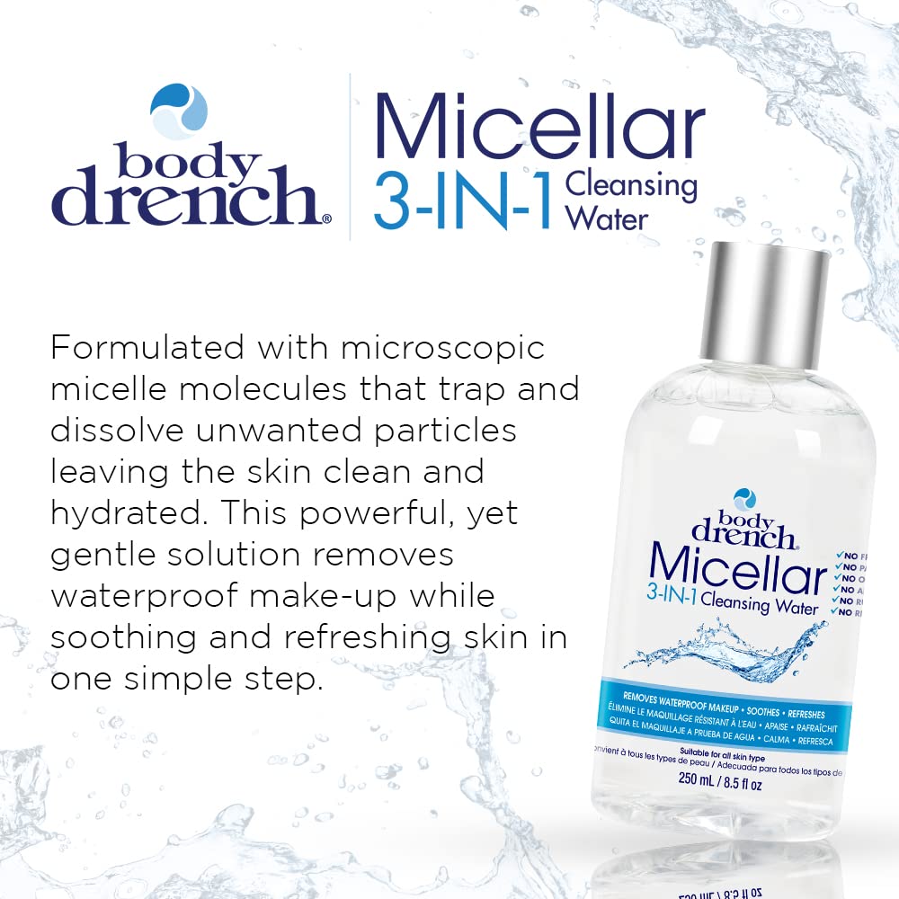 Body Drench Micellar Water - 3-in-1 Cleansing Makeup Remover & Hydrating Face Cleanser for Sensitive Skin | Removes Waterproof Makeup | Gentle Facial Wash (8.5 fl oz) | Perfect for Daily Skincare & Travel