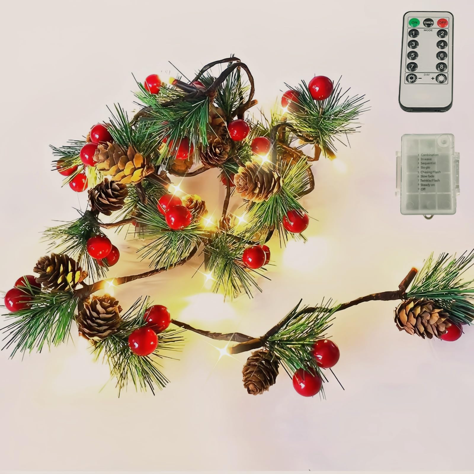 Christmas Garland with Lights - 6.5FT Red Berry Pine Cone Garland with 20 LED Battery Operated String Lights for Fireplace Mantel, Indoor Xmas Decorations | Perfect for Holiday Home Decor, Christmas Tree Accents & Festive Party Decorating