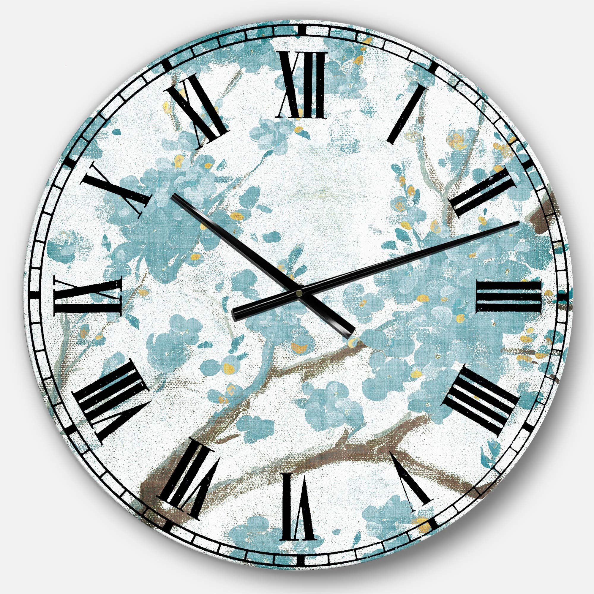 Designart Teal Cherry Blossoms Traditional Circle Wall Clock - Round Metal Wall Art for Home, Living Room, Bedroom & Office Decor | Perfect for Modern & Vintage Interior Design Styles