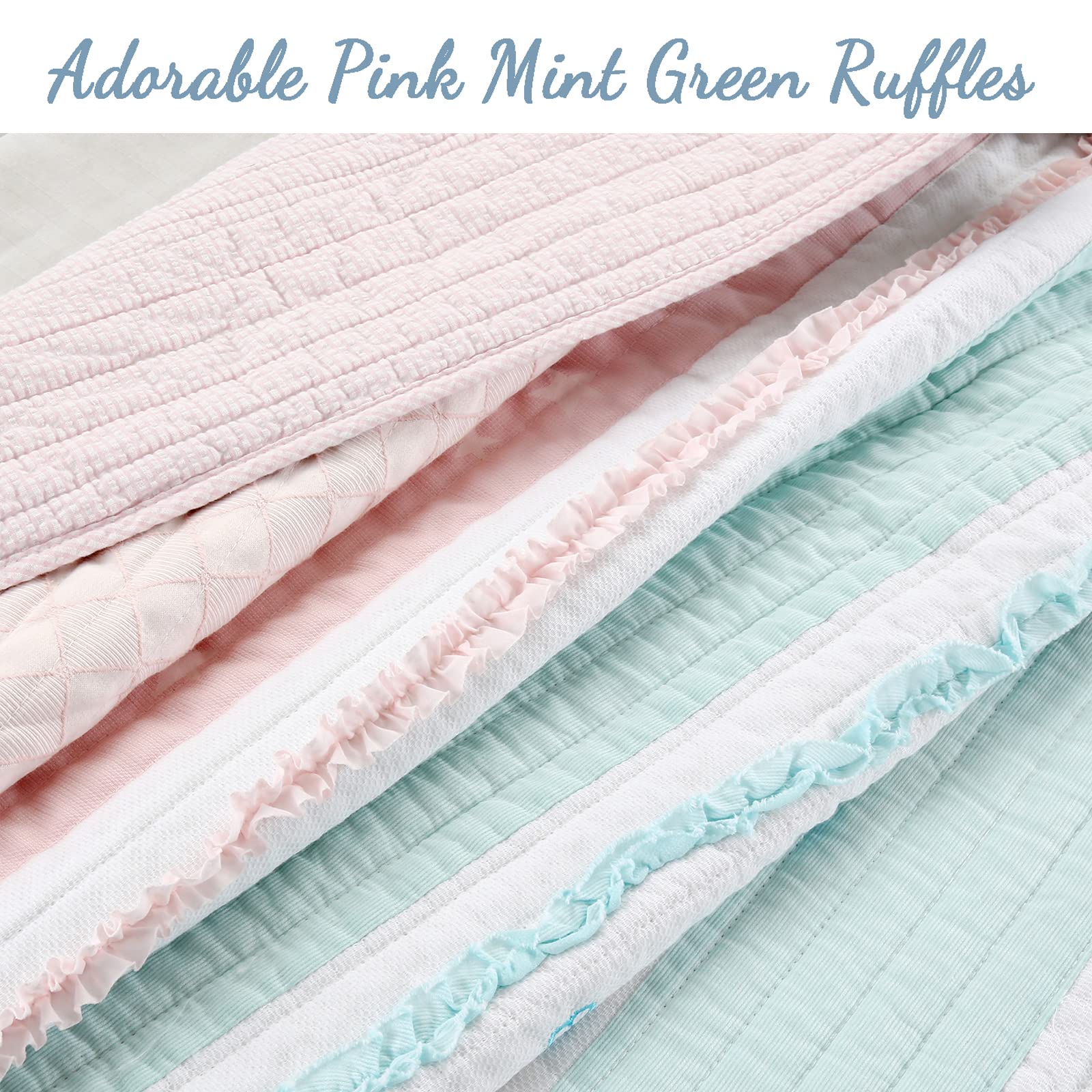 Light Pink & Blue Ruffled 100% Cotton Reversible Quilt Bedding Set - Twin Size 2-Piece (Quilt + Sham) | Cozy Line Home Fashions | Soft Girls' Bedspread & Coverlet | Perfect for Kids' Room, Nursery, or Guest Bedroom Decor