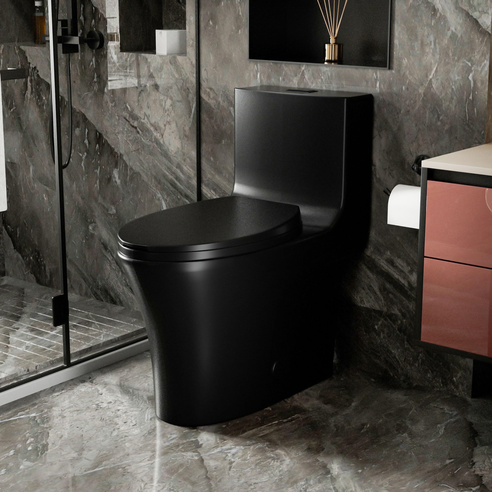 Dual Flush Elongated Toilet 1.1/1.6 GPF - Water Saving Modern One Piece Toilet with Soft Close Seat - Powerful & Quiet Flush - Black (27.5