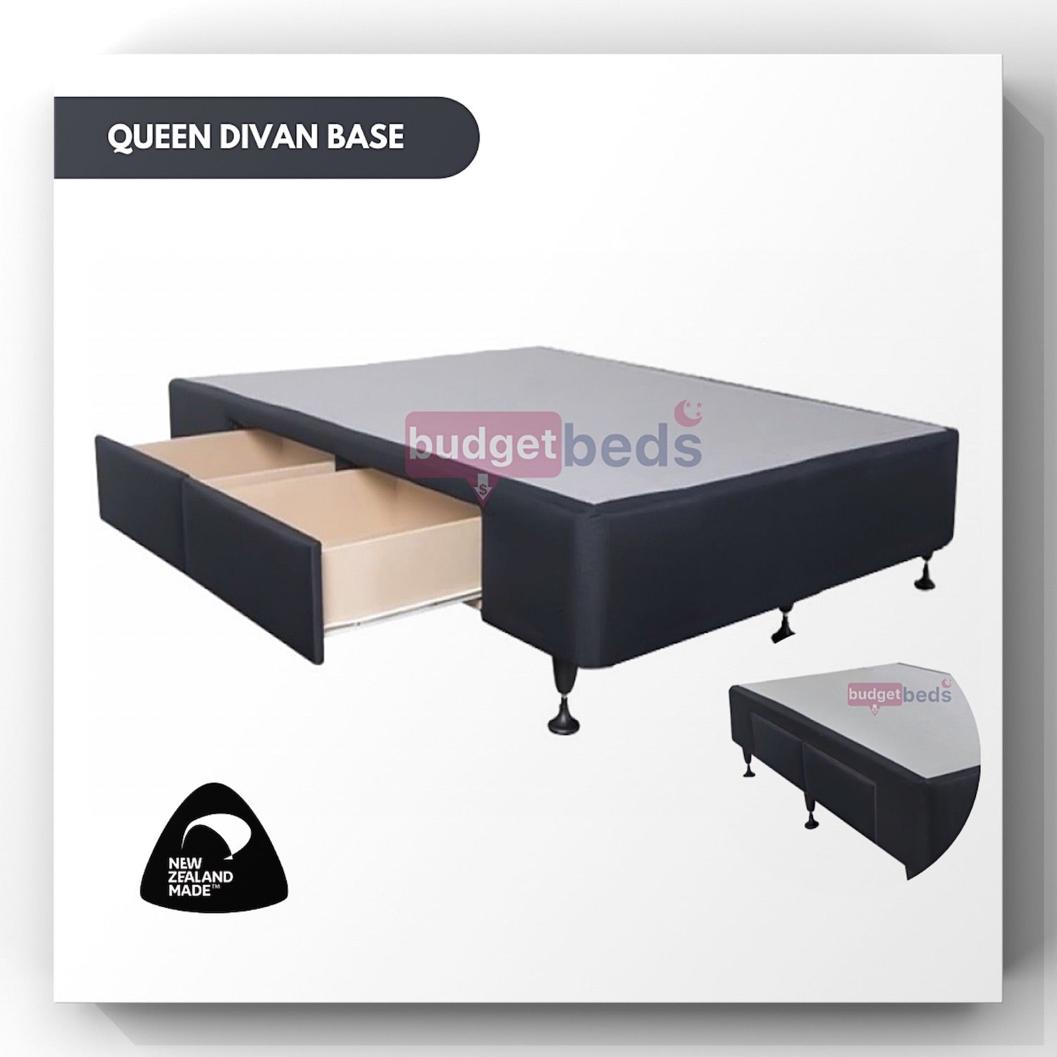 Queen Size Drawer Bed Base with Standard Drawers - NZ Made Sturdy Platform Bed Frame for Small Spaces & Guest Rooms