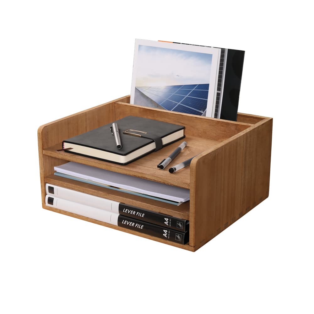 3 Tier Wooden Desktop Letter Tray - Office Desk Organizer with File Folder Holder | Paper Document Mail Sorter for Workspace, Counter & Bookshelf Storage | Perfect for Home Office, School & Professional Workspaces