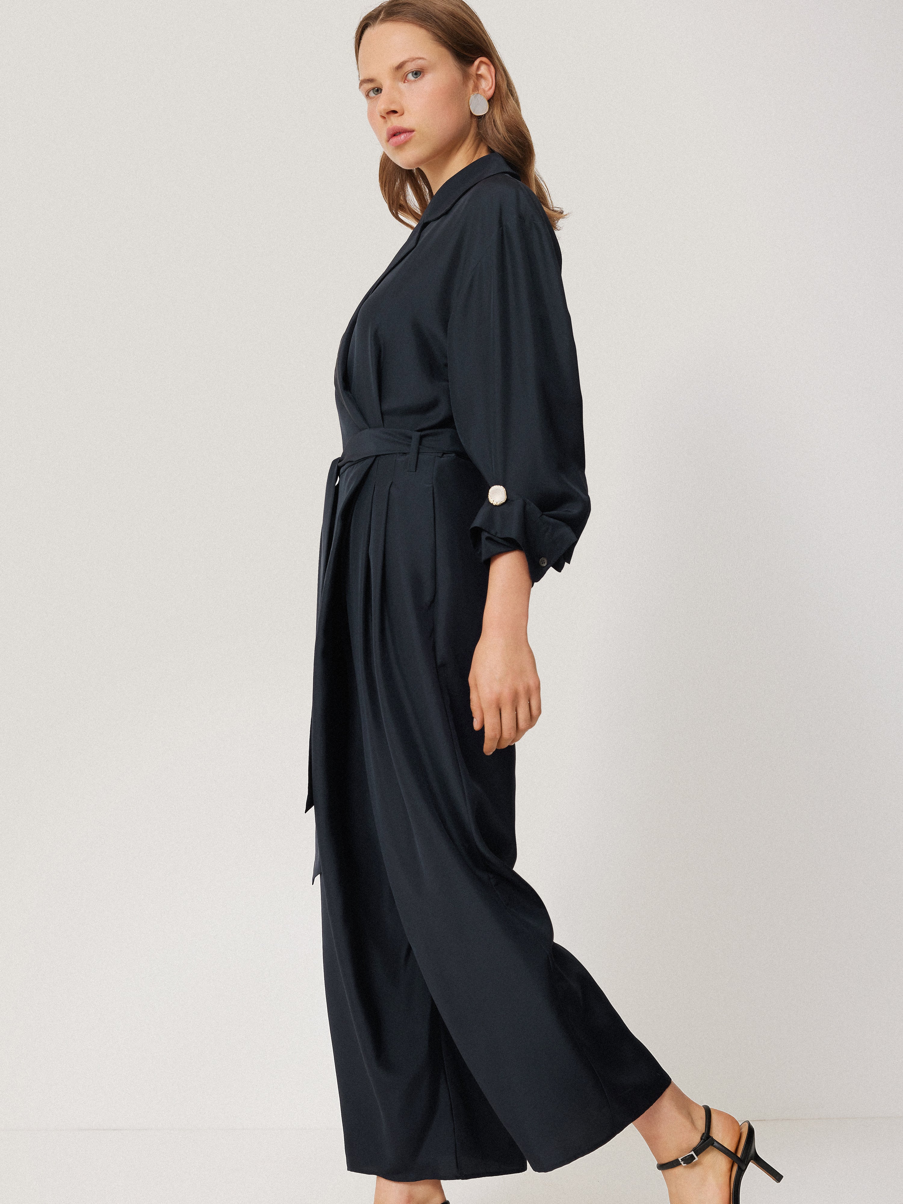 Silk Relaxed Wrap Jumpsuit for Women - Navy Blue Comfortable Lounge Wear | Perfect for Yoga, Travel and Casual Outings