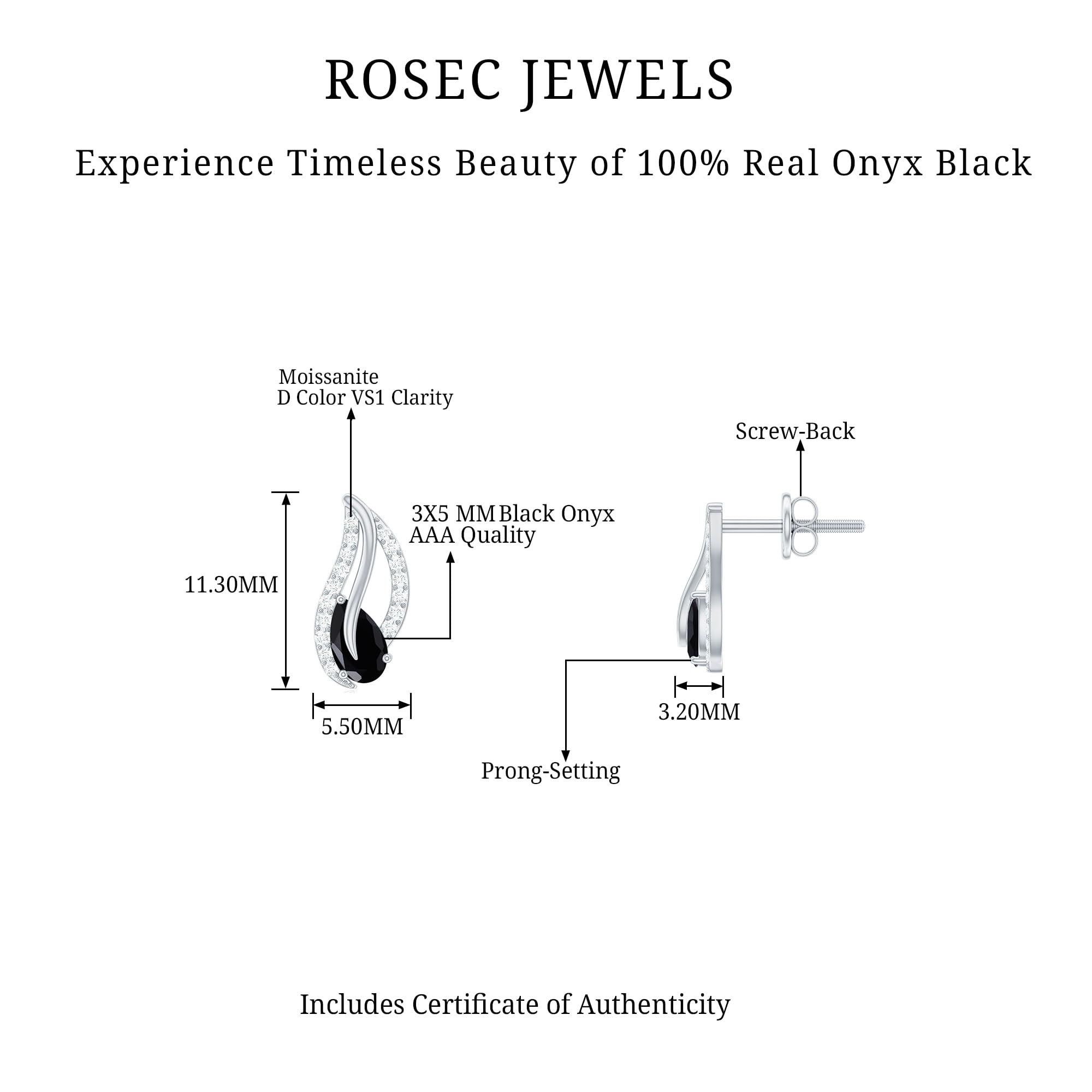 Natural Black Onyx Stud Earrings with Moissanite | AAA Quality Leaf Screw Back Earrings | Hypoallergenic Jewelry | Perfect Gift for Women, Birthday, Anniversary | Everyday Wear & Special Occasions