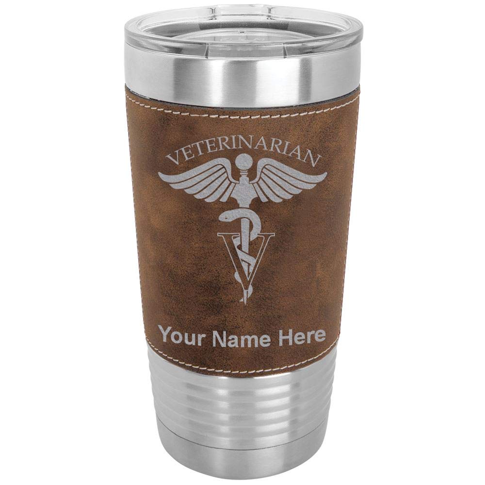 LaserGram 20oz Vacuum Insulated Stainless Steel Tumbler Mug - Custom Engraved Veterinarian Gift with Faux Leather Wrap & Rustic Finish - Perfect for Coffee, Tea & Cold Drinks at Clinic, Office or Outdoor Adventures