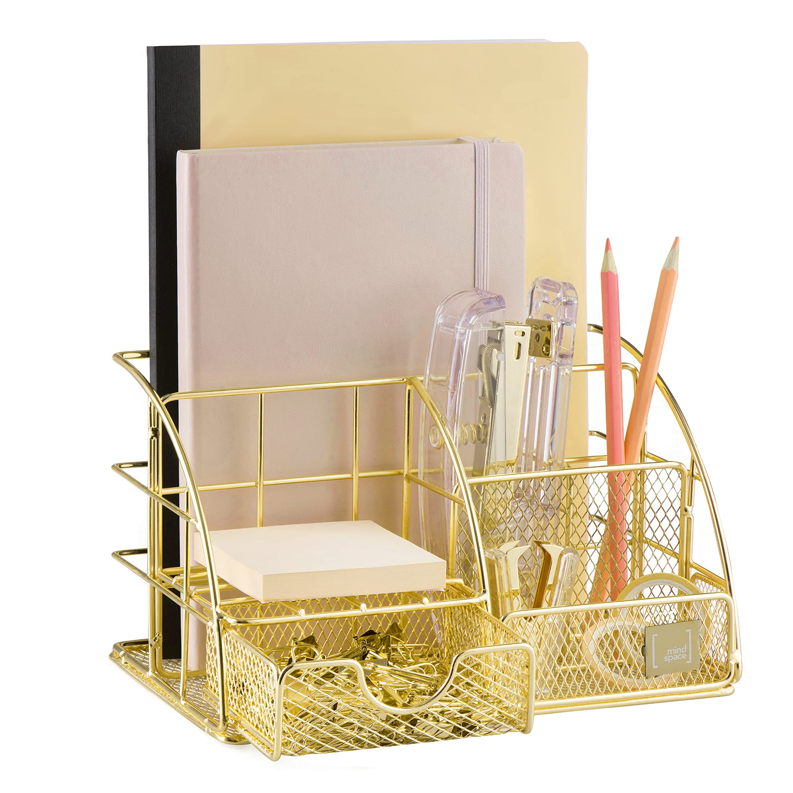 Mindspace Mesh Desk Organizer with Drawer - 5 Compartment Gold Office Organizer for Pens, Notes & Supplies | Includes Paper Clips & Binder Clips | Perfect for Home Office, Study Desk & Workspace Organization | The Wire Collection | Ideal for Students, Professionals & Remote Workers | Great for Clutter-Free Desks, Productivity Boost & Stylish Workspaces
