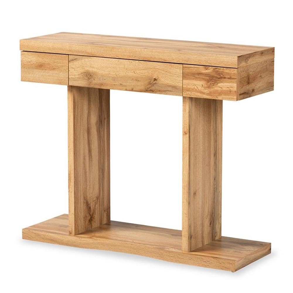 BOWERY HILL Oak Brown Finished Wood 3-Drawer Console Table - Entryway Sofa Table, Hallway Furniture, Living Room Storage Solution for Small Spaces