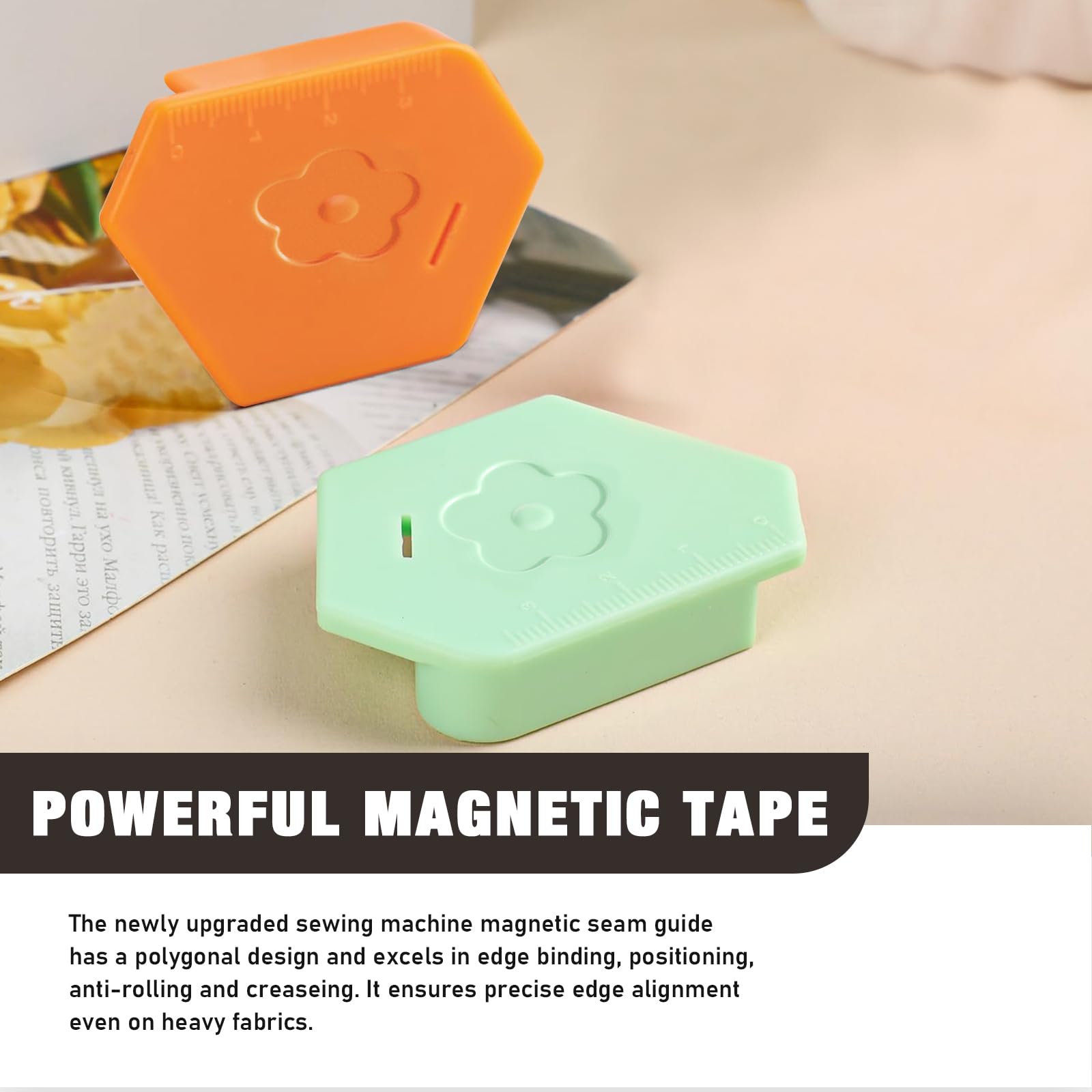 Upgraded 2-Piece Magnetic Seam Guide for Sewing Machine - Polygonal Hemmer Gauge with Measurement Scale - Premium Sewing Accessories (Green & Orange) - Perfect for Quilting, Dressmaking & DIY Sewing Projects