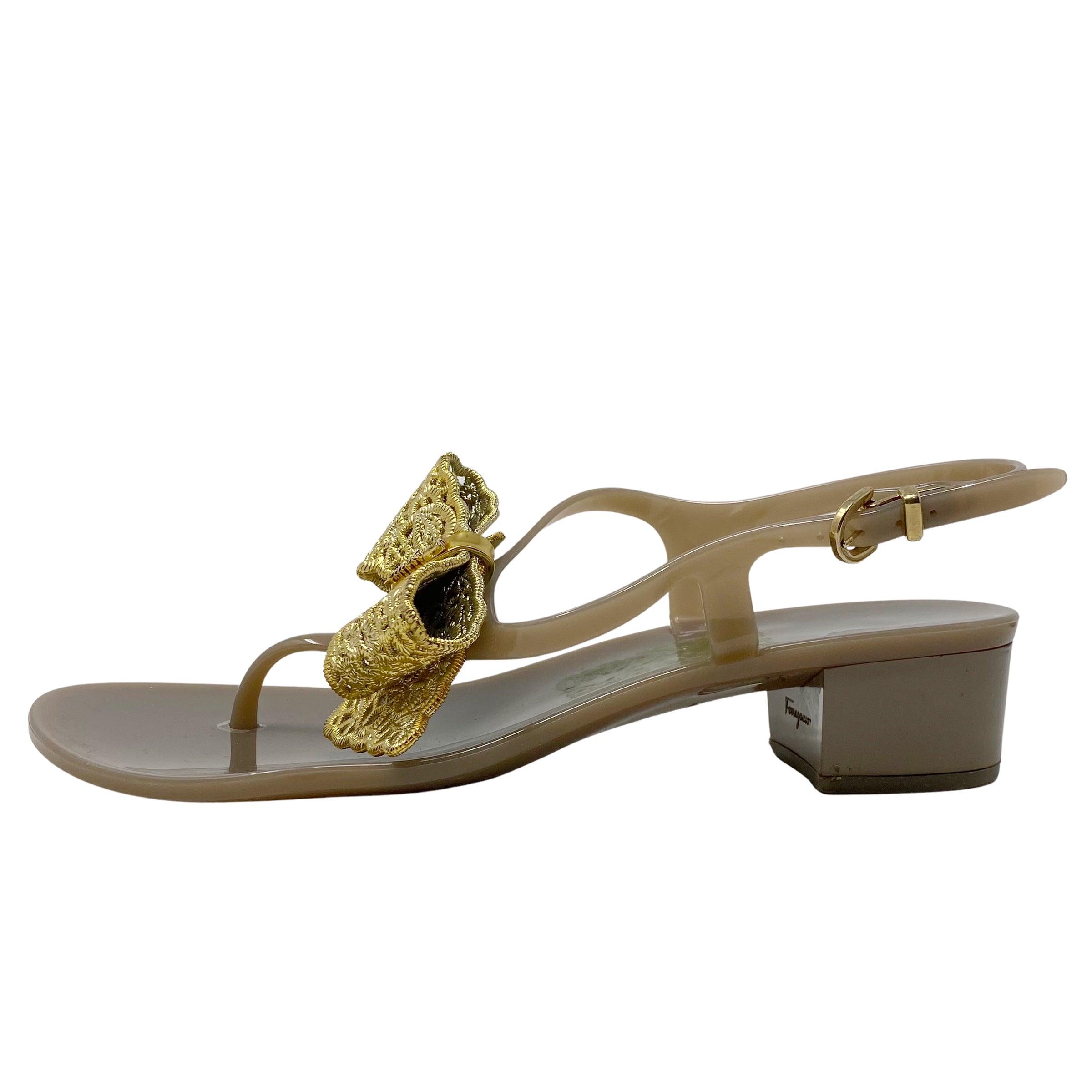 Ferragamo Gold Bow Jelly Sandals Women's Size 7 - Comfortable & Stylish Summer Slide Sandals for Beach, Pool, and Casual Outings