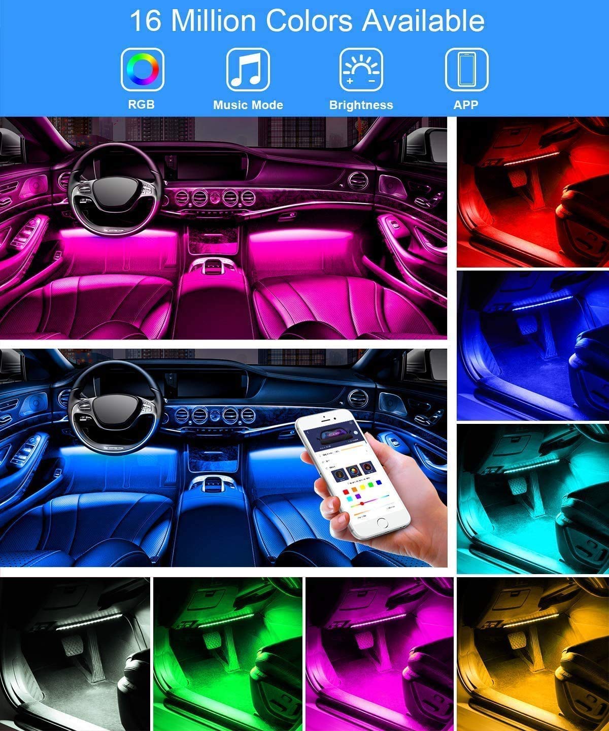 4 Pack 48 LED Car Interior Strip Lights - Multi-Color Music Sync RGB Under Dash Lighting Kit with Sound Activation, Remote Control & 12V Car Charger | Perfect for Car Customization, Night Driving & Party Ambience