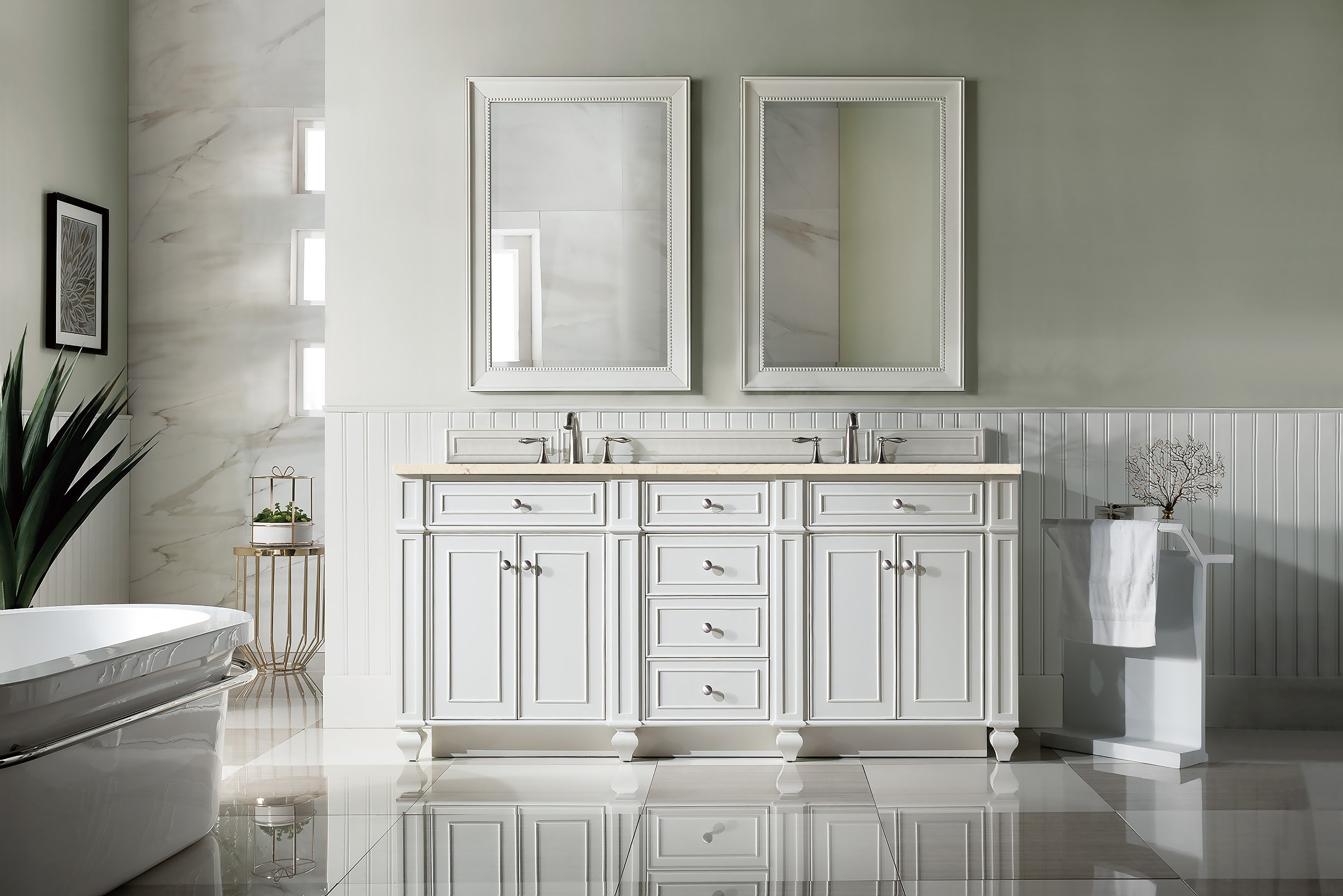 Bristol 72 Inch Double Bathroom Vanity with 3CM Eternal Marfil Quartz Top in Bright White - Perfect for Master Bathroom and Guest Bath Renovation