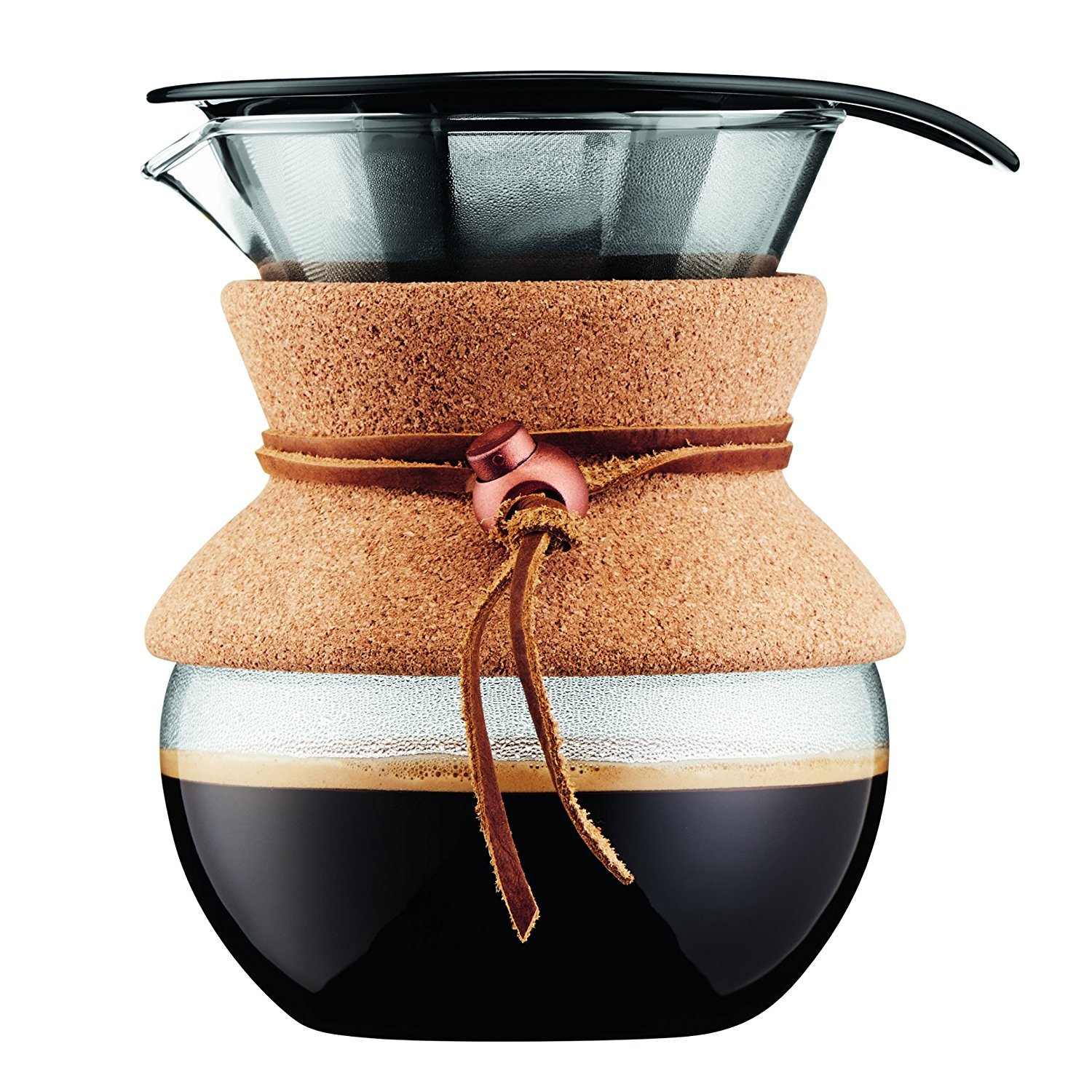 BODUM 17oz Pour Over Coffee Maker with Reusable Stainless Steel Filter - High-Heat Borosilicate Glass & Cork Grip - Handcrafted in Portugal - Perfect for Home Brewing, Office Use & Camping Coffee
