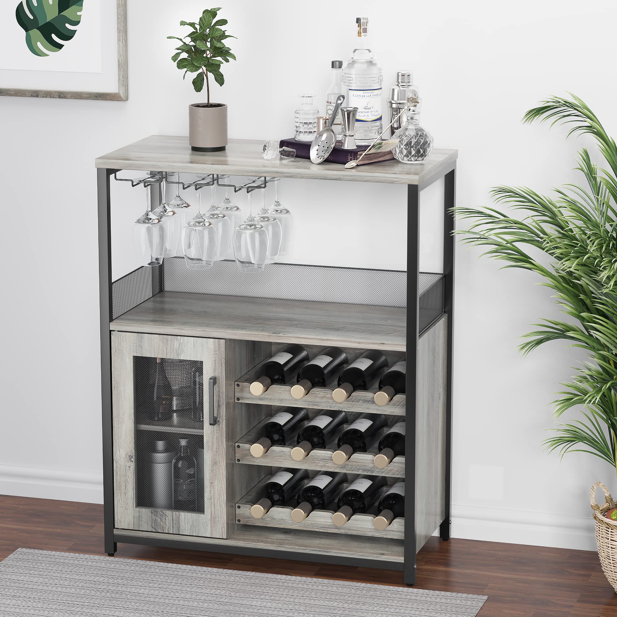 GAOMON Modern Wine Bar Cabinet with Detachable Wine Rack & Glass Holder - Grey Buffet Sideboard with Mesh Door for Dining Room, Kitchen, or Living Room Storage