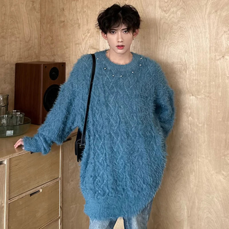 Stylish Korean Round Neck Solid Color Plush Men's Pullover Sweater - Trendy Spring 2025 Fashion (9C4134) | Perfect for Casual Outings, Office Wear & Date Nights
