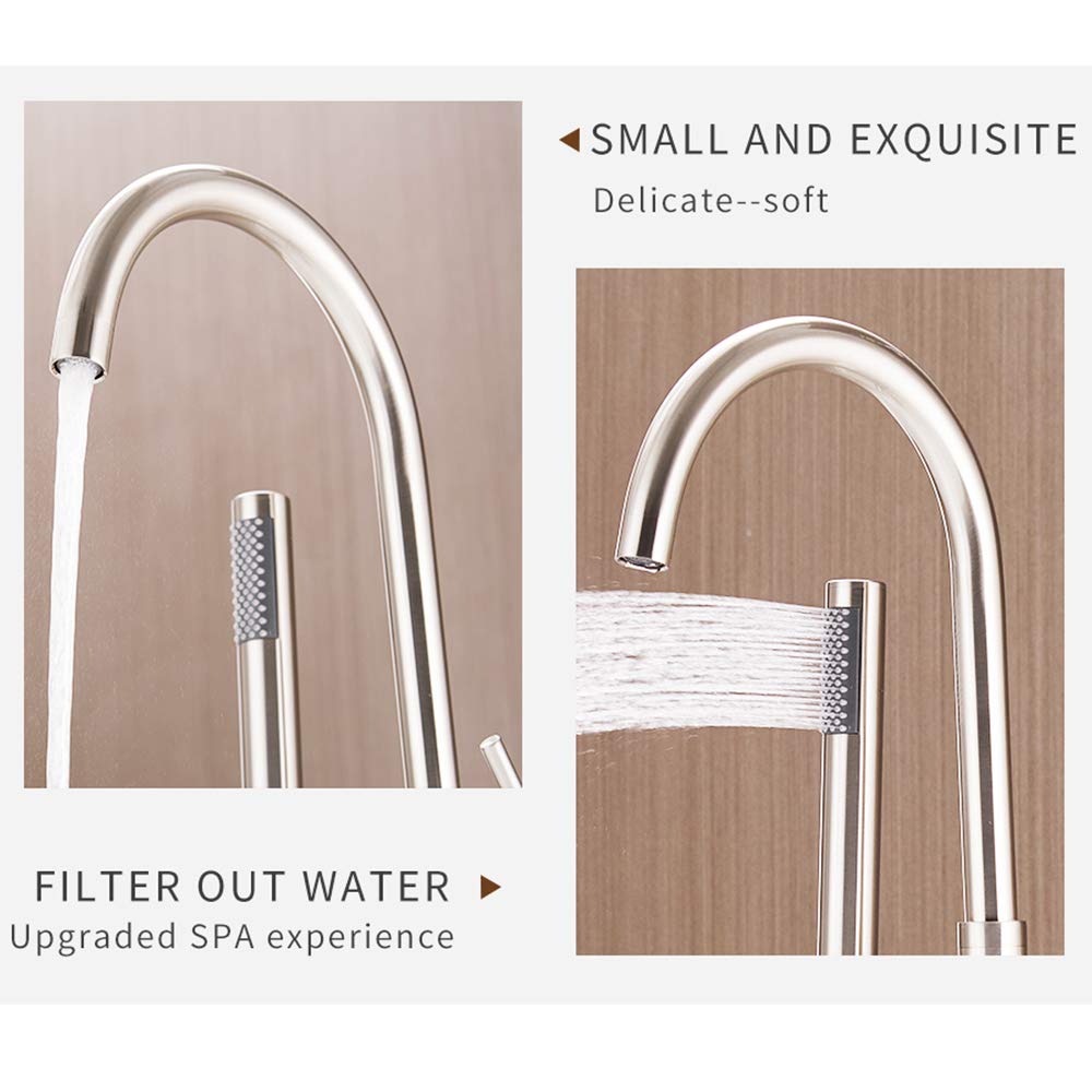 Brass Freestanding Bathtub Faucet with Hot & Cold Water - Double Handle Floor Mounted Bath Shower Mixer with Handheld Showerhead - Brushed Nickel Finish for Modern Bathroom & Spa Relaxation