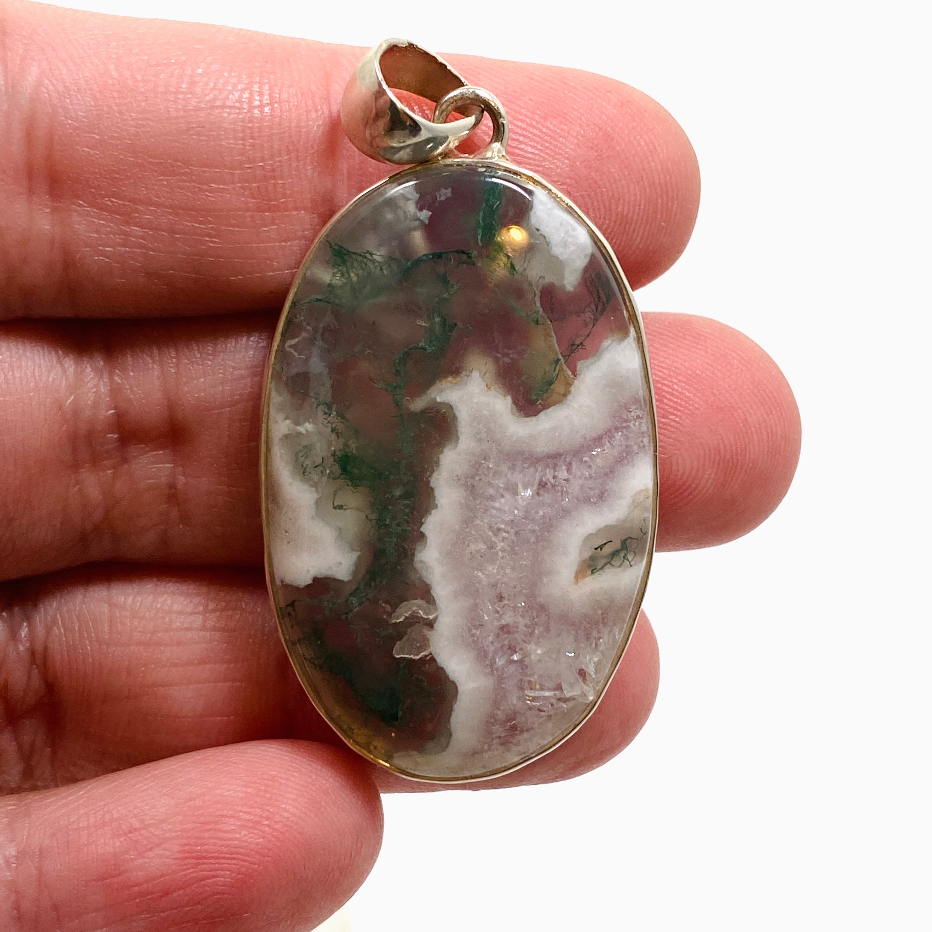 Natural Moss Agate Oval Cabochon Pendant in Handmade Hammered Sterling Silver Setting KPGJ4708 - Perfect for Boho Jewelry, Spiritual Healing & Gift Giving