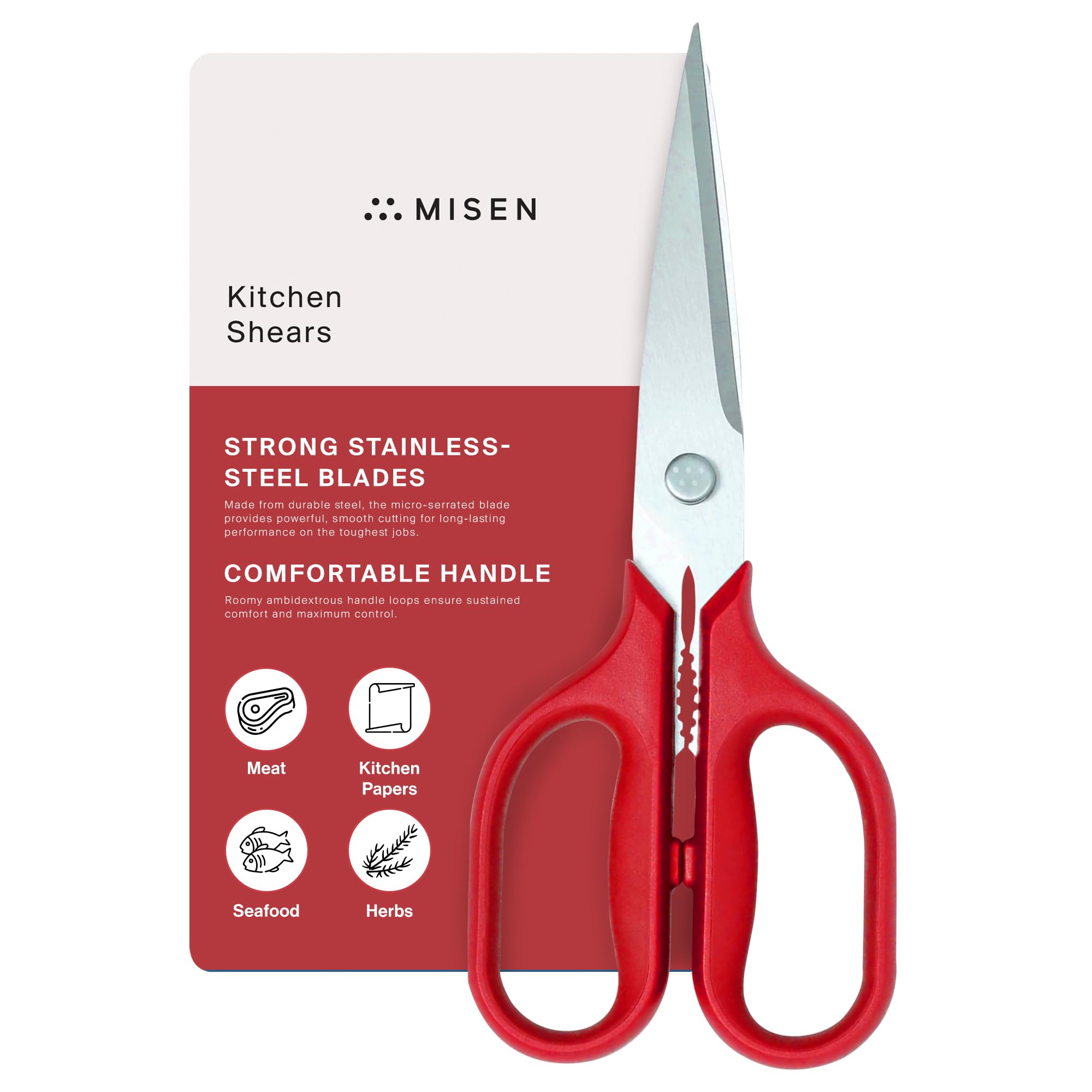Misen Heavy Duty Kitchen Shears - Professional Stainless Steel Cooking Scissors for Cutting Meat, Poultry, Herbs & Vegetables - Dishwasher Safe Kitchen Shears with Ergonomic Ambidextrous Handle - Perfect for Meal Prep, Butchering & Food Processing (Red)