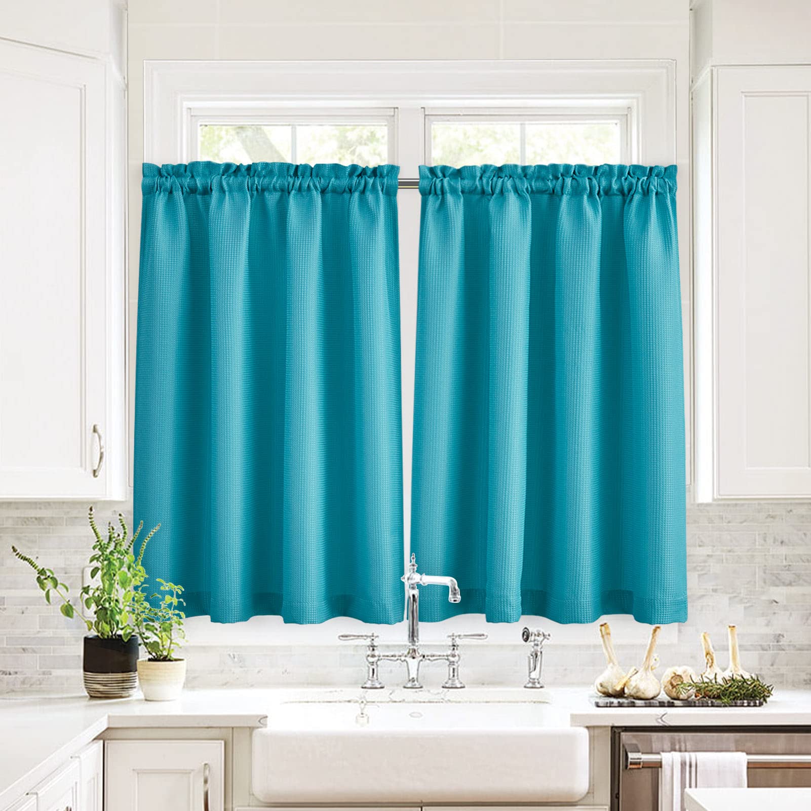 Valea Home Waffle Weave Textured Bathroom & Kitchen Window Curtains - Water Repellent Short Half Curtains Set of 2 (45 Inch Length, Turquoise) for Bathroom Privacy, Kitchen Decor & Window Covering