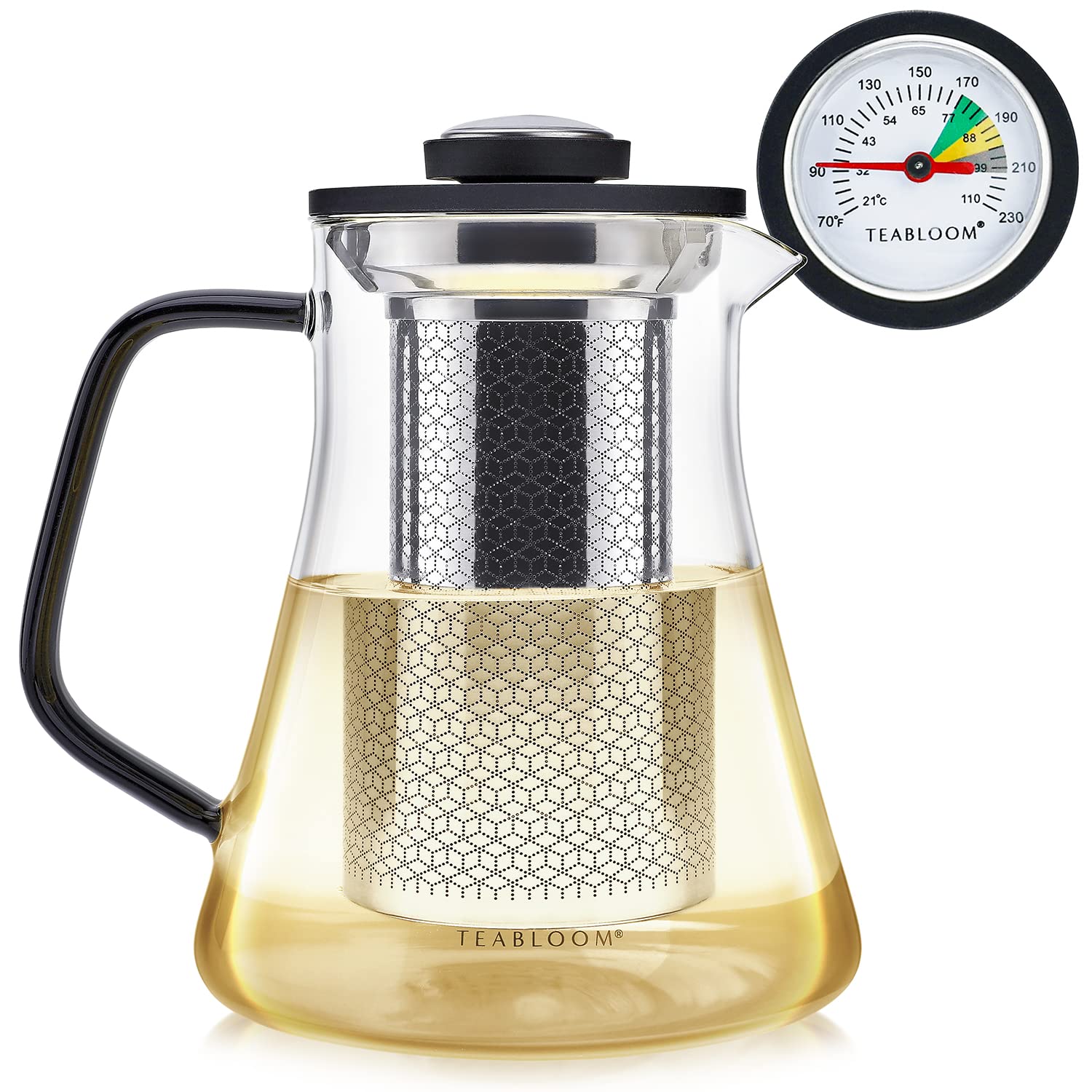 Teabloom 2-in-1 Glass Tea Kettle with Thermometer & Stainless Steel Infuser - 34oz Whistle-Free Tea Maker for Loose Leaf Tea | Perfect for Home, Office & Gift Giving