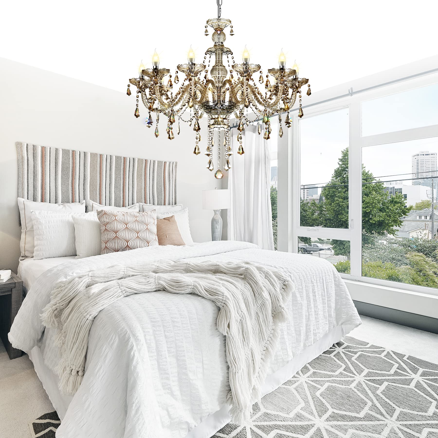 Ridgeyard 10-Light Crystal Chandelier in Cognac/Champagne - Modern K9 Crystal Candle Pendant Ceiling Light Fixture for Dining Room, Living Room, Bedroom & Home Decor | Elegant Lighting for Weddings, Restaurants & Luxury Interiors