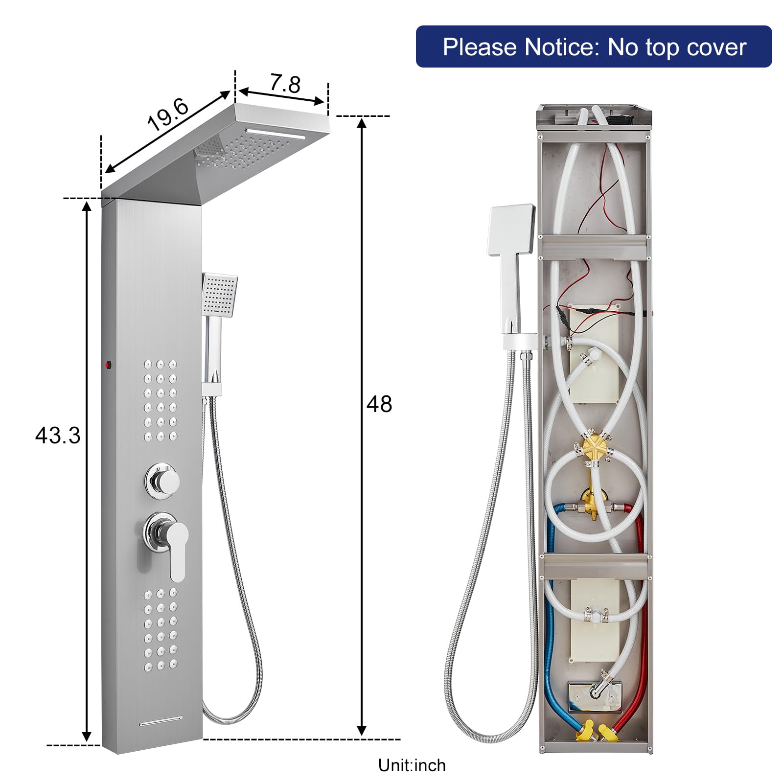ROVATE 5-in-1 LED Shower Panel Tower System - Brushed Stainless Steel Rainfall Shower with Waterfall, Massage Jets & Handheld Sprayer - High Pressure Shower Column with Tub Spout for Luxurious Bathroom Upgrade (Perfect for Master Bath, Spa-Like Experience)