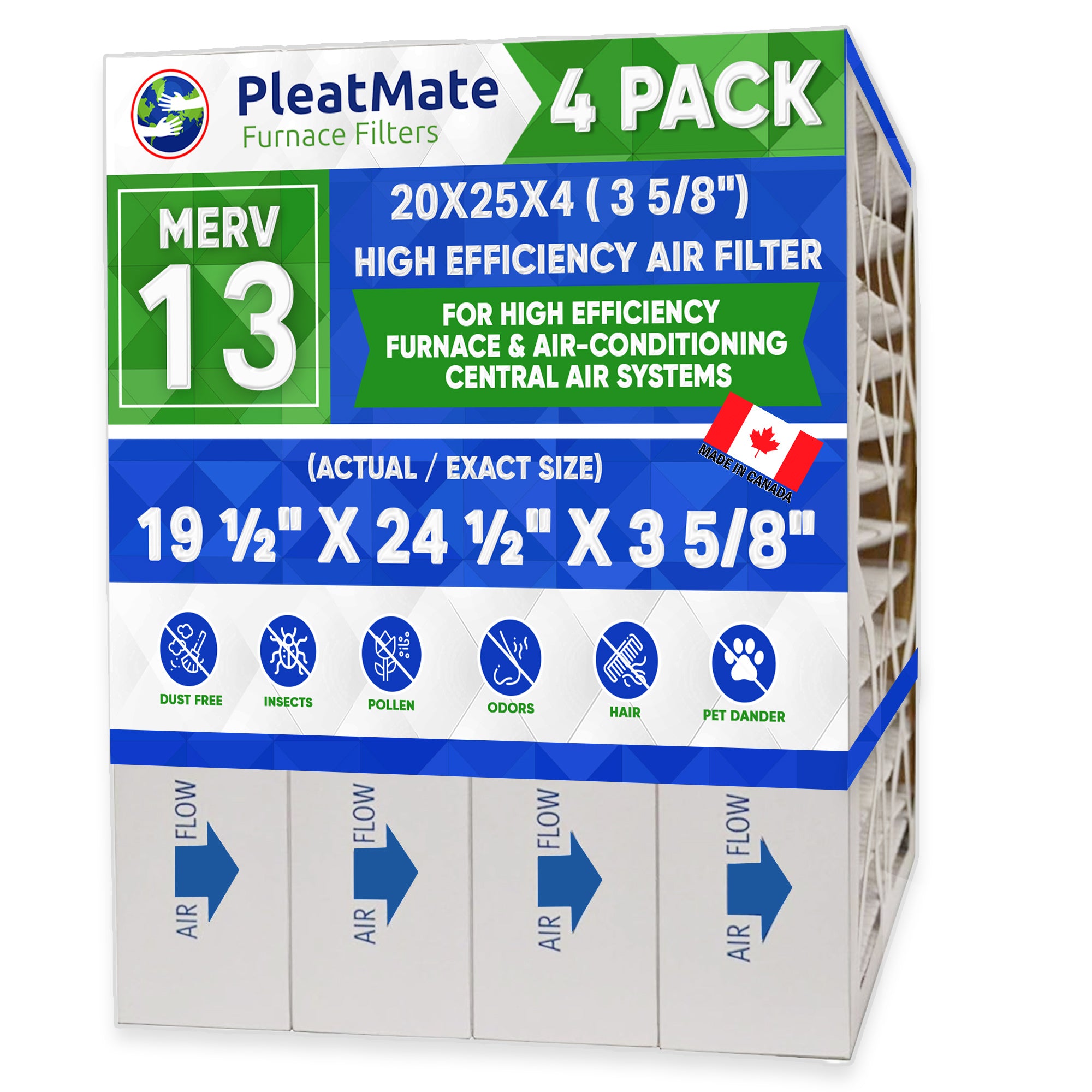 20x25x4 MERV 13 Pleated Air Filters - Pack of 4 | Exact Size 19.5