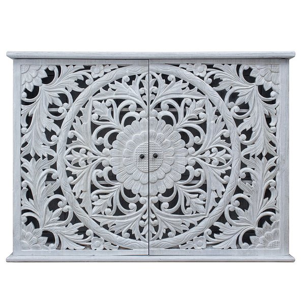 Hand Carved Whitewashed Wooden Entryway Cabinet - Rustic Farmhouse Style Hallway Storage for Shoes, Coats & Decor | Perfect for Entryways, Living Rooms & Bedrooms