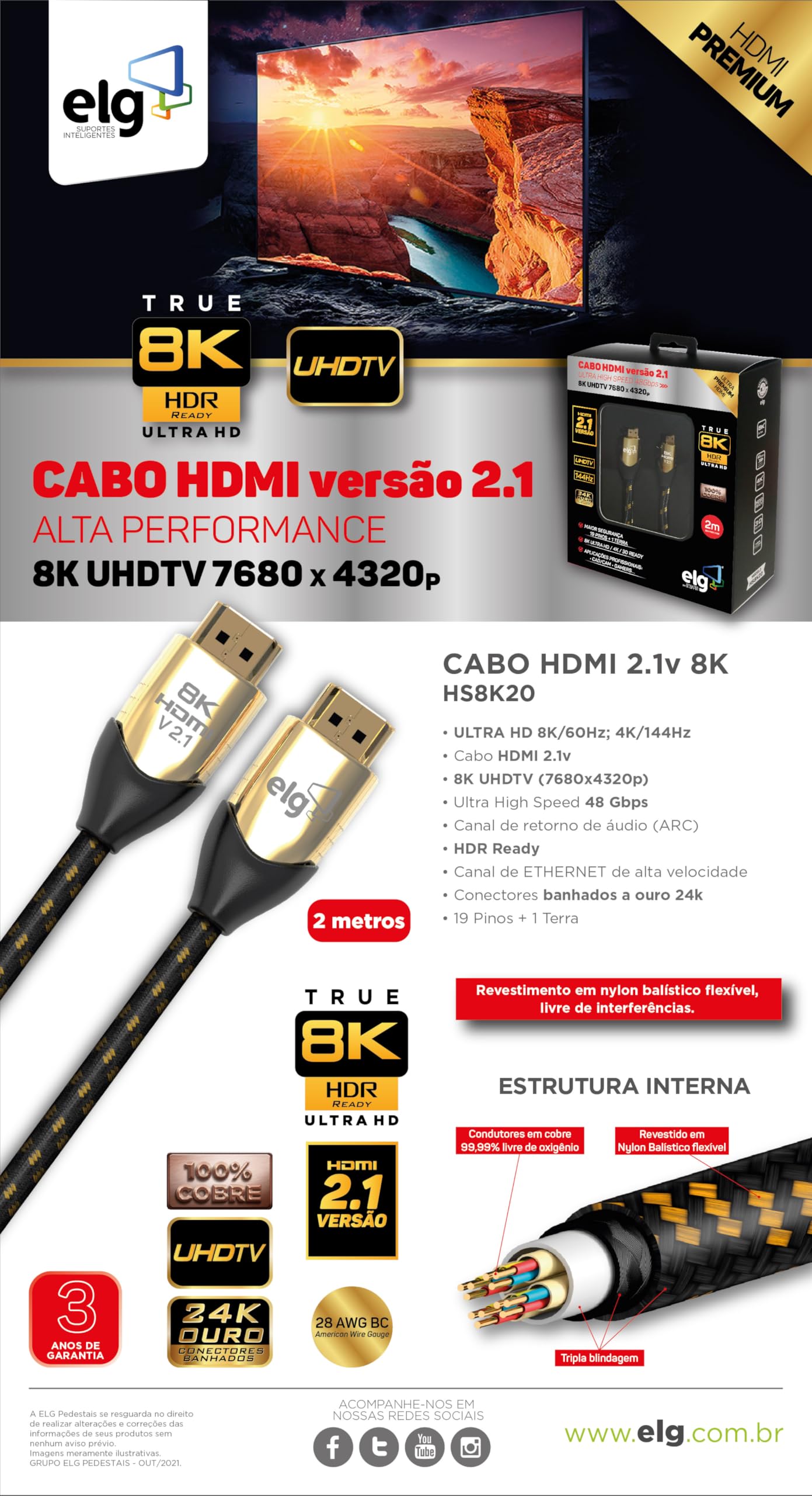 ELG 8K Certified HDMI Cable 2.1 48Gbps 6.6FT/2M - Ultra High Speed 8K@60Hz, 4K@120Hz, 144Hz - 24K Gold Plated Connectors with eARC, Ethernet, VRR, TrueHD, DTS-X, Dolby Atmos - Compatible with Smart TVs, Laptops, Gaming Monitors & Home Theater Systems