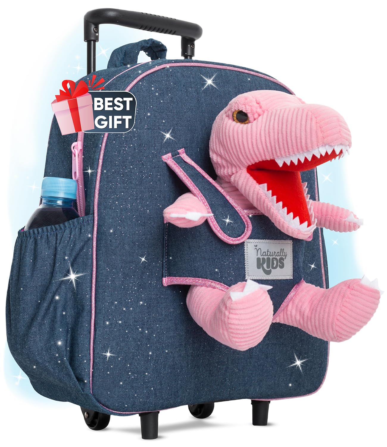 Pink Dinosaur Toddler Luggage - Kids Rolling Backpack for Girls & Boys, Travel Suitcase with Wheels for 3-6 Year Olds - Perfect for Airplane Trips, Preschool, Birthday Gifts & Family Vacations